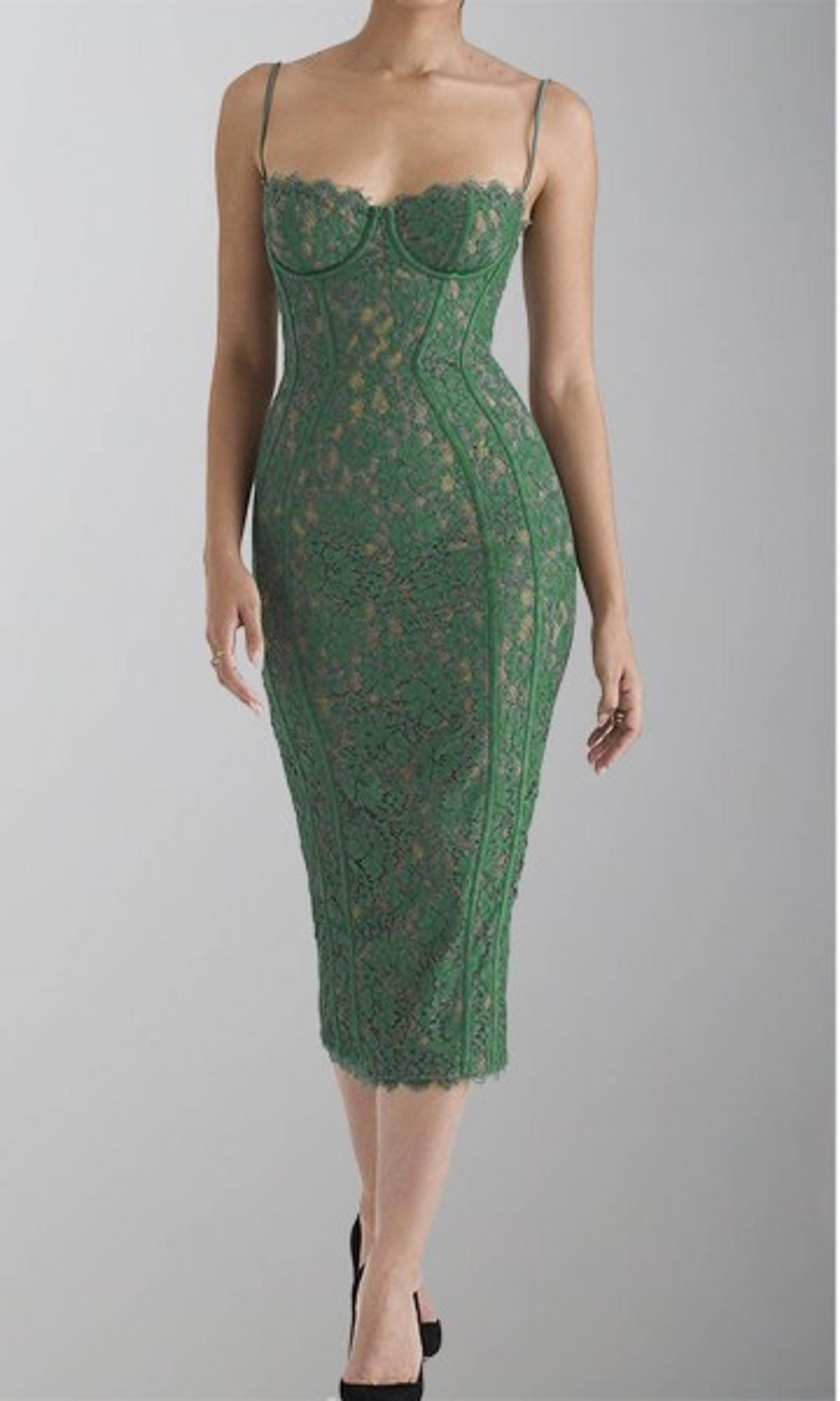 Green Lace Structure Mid Length Tight Bridesmaid Dresses with Slit KSP634 - KSP287