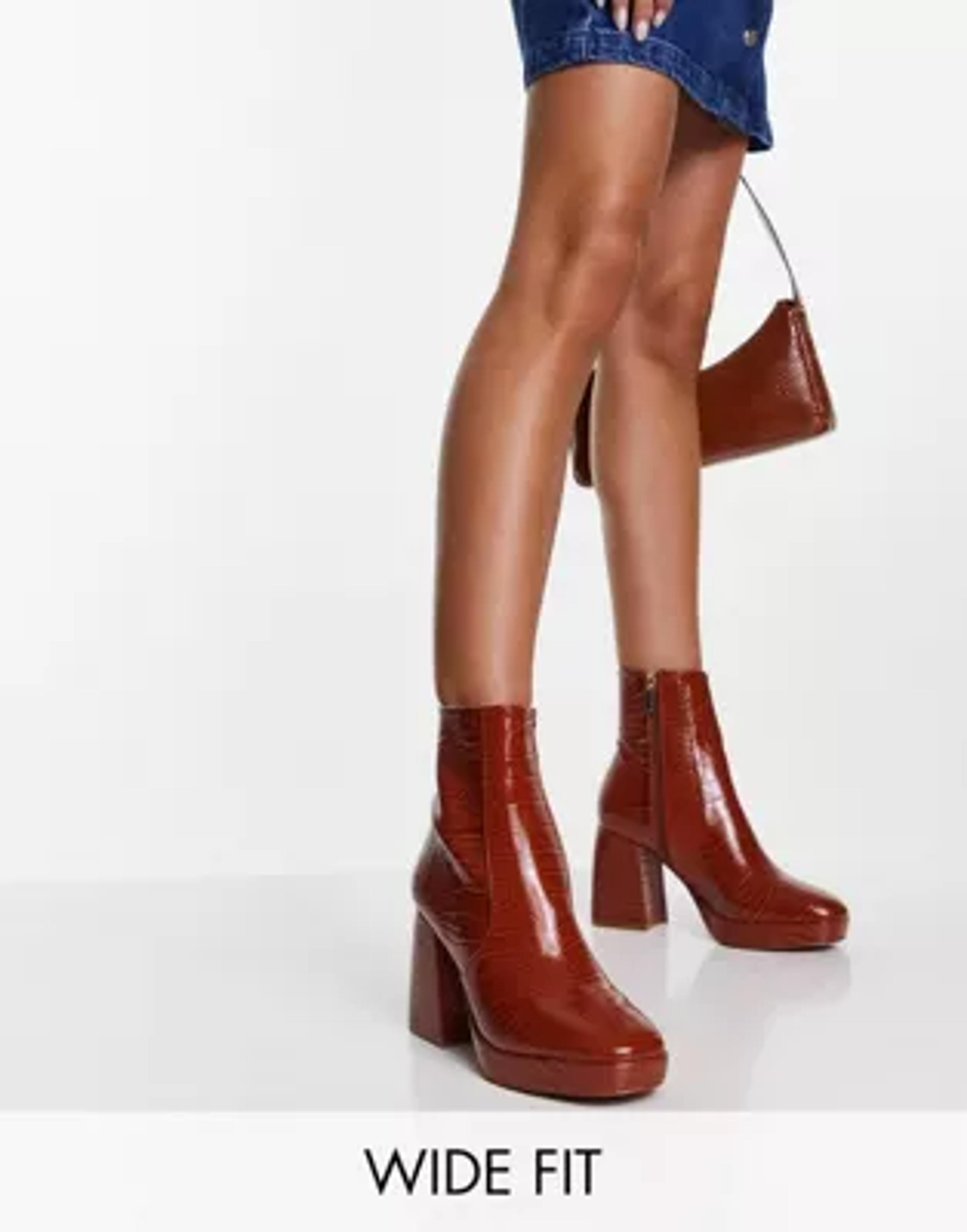 ASOS DESIGN Wide Fit Era high-heeled platforms boots in tan croc | ASOS