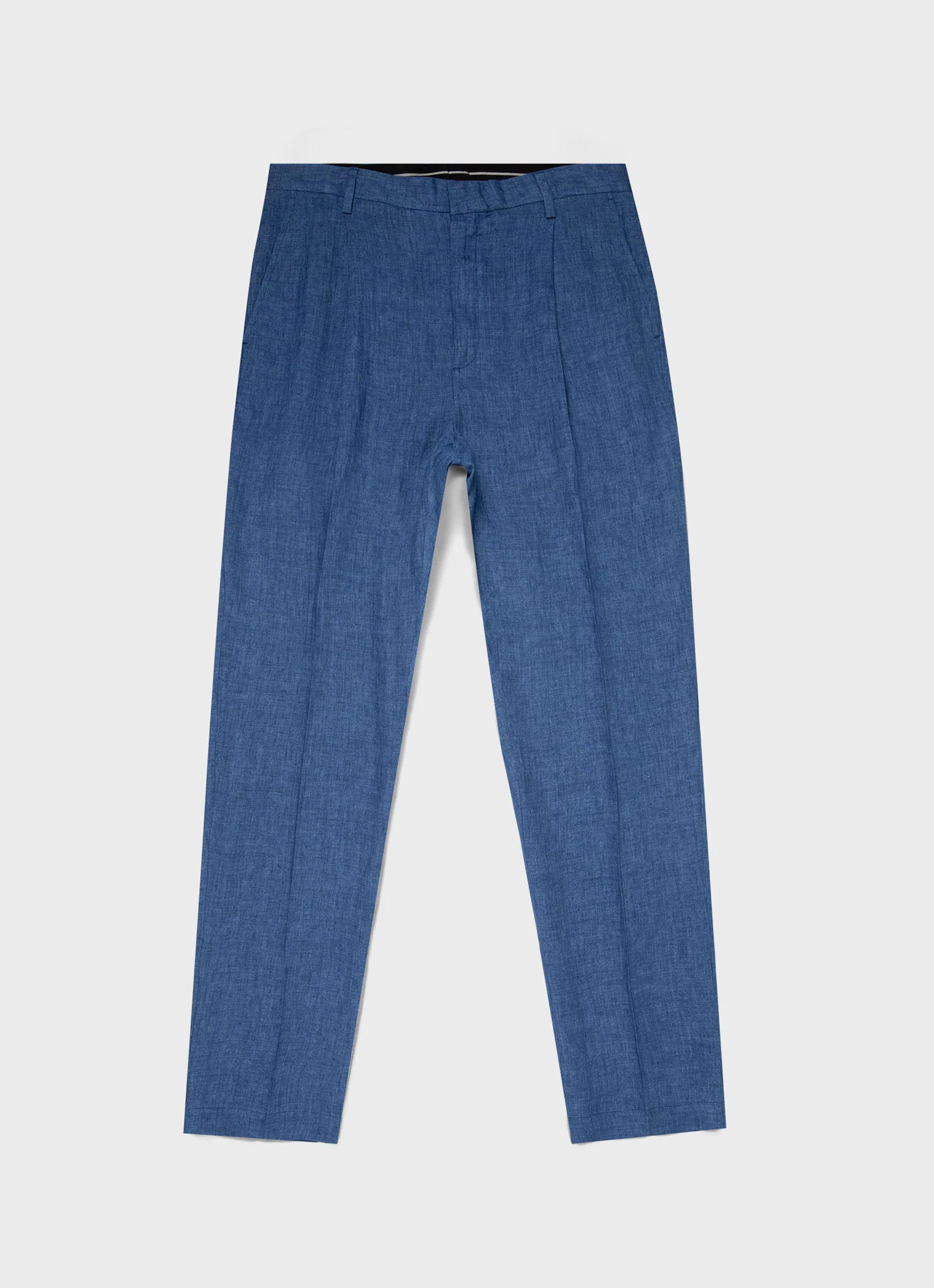 Men's Pleated Linen Trouser in Blue Melange | Sunspel