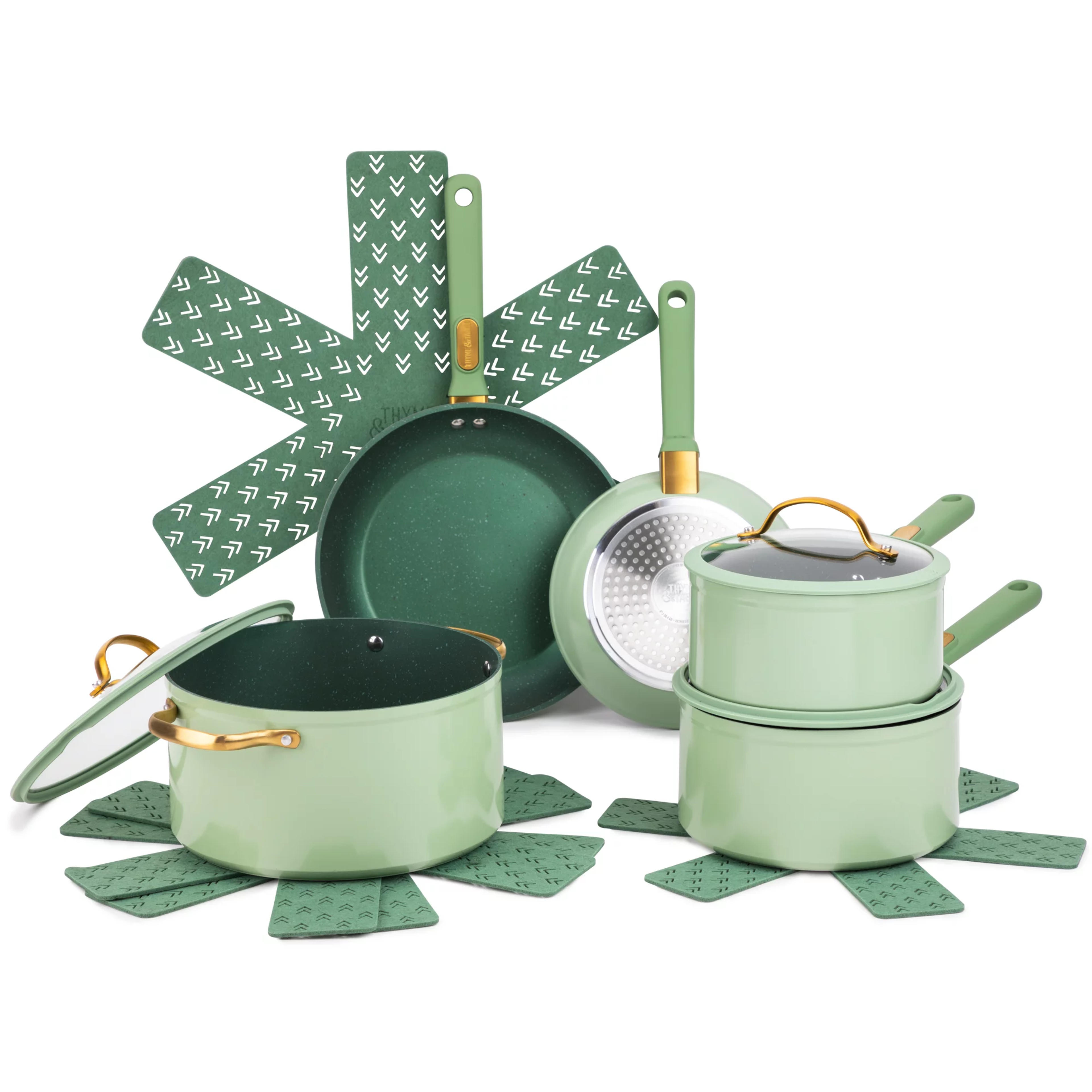 Thyme & Table Non-Stick 12-Piece Cookware Set, Green