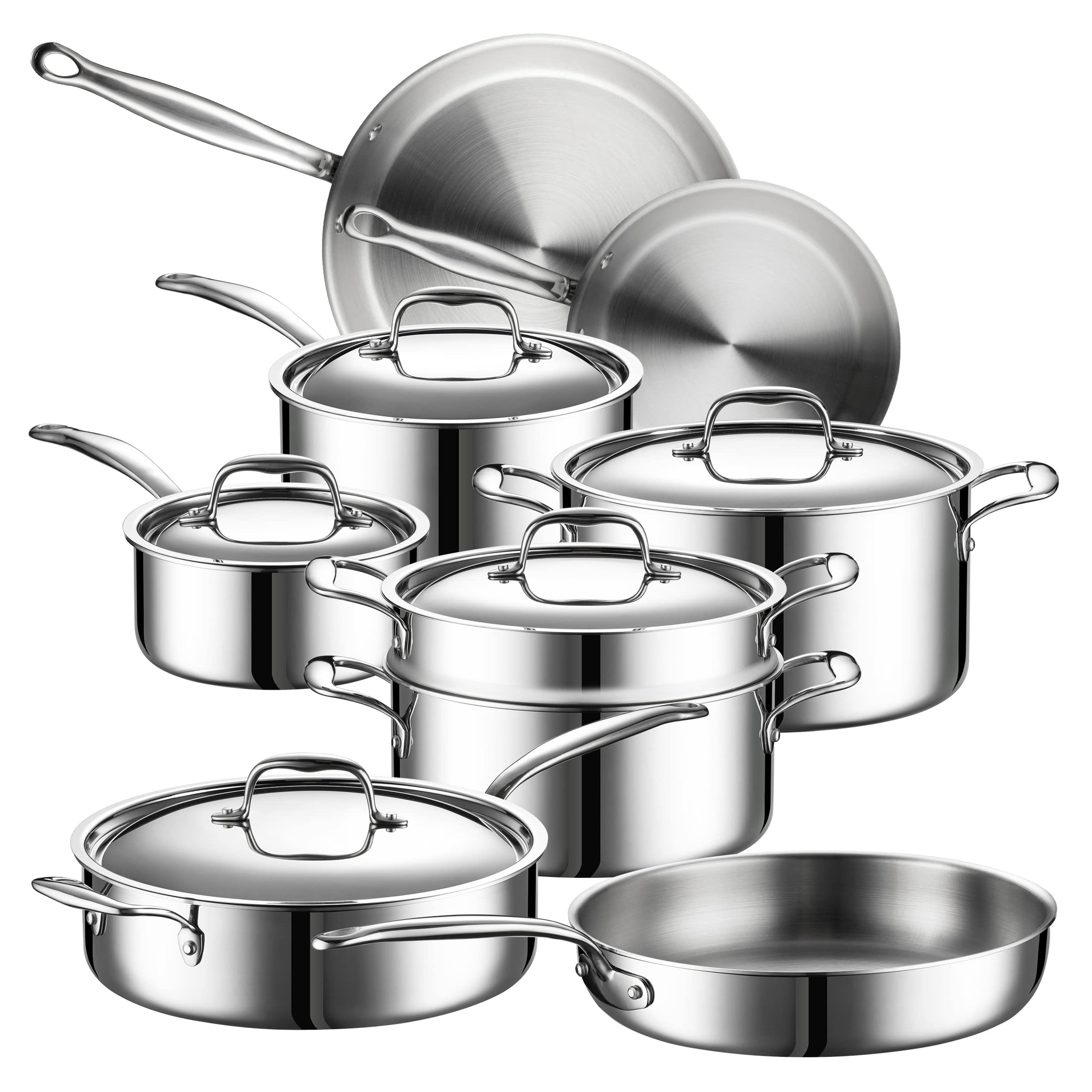 Legend 5 Ply Stainless Steel Cookware Set | 14 Piece Best Heavy Pots and Pans Set | Professional Quality Clad Pan & Pot Cook Sets, All Kitchen Surface Induction & Oven Safe | PFOA, PTFE & PFOS Free