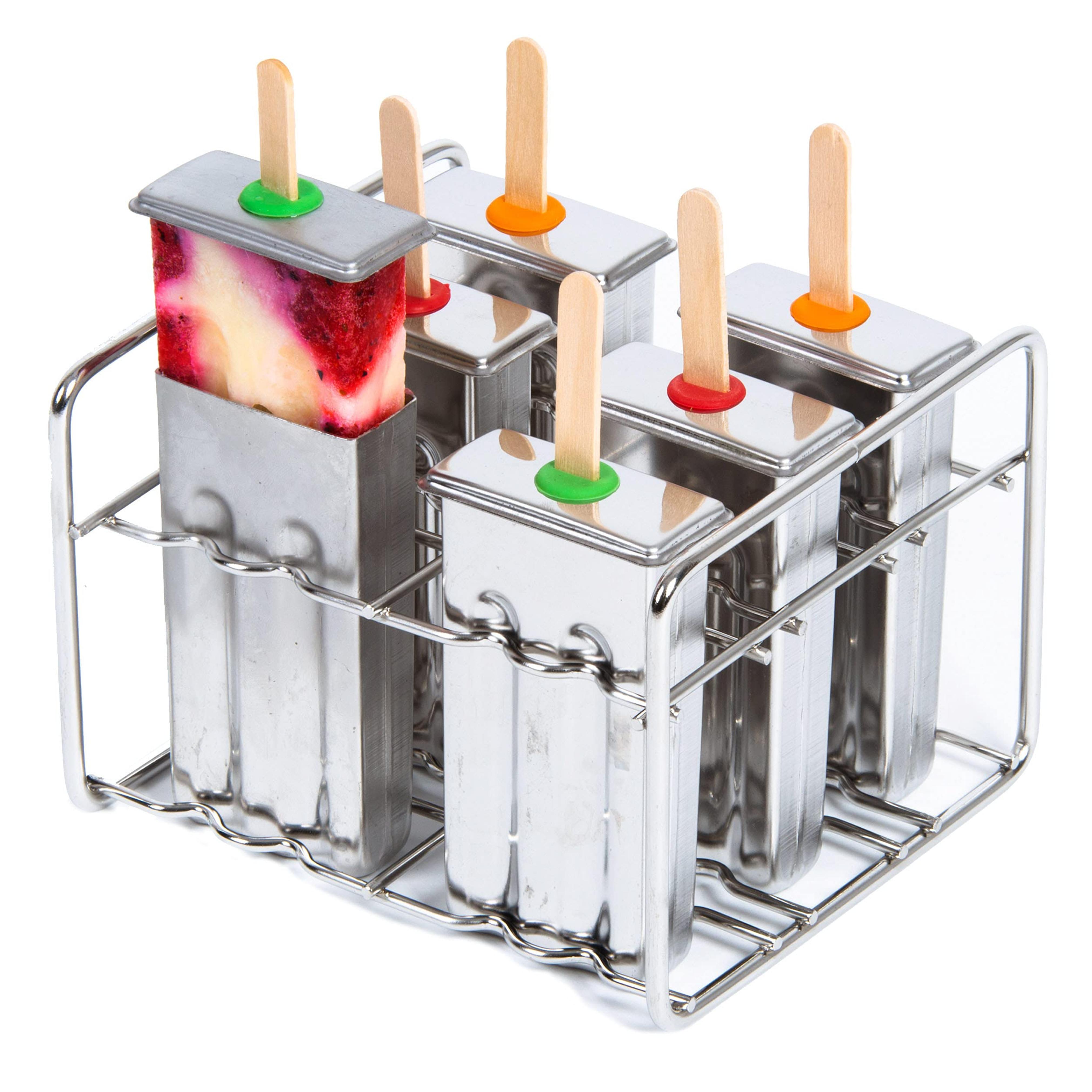 Stainless Steel Popsicle Maker. Kids Easy Popsicles Molds Set. 6 BPA Free Square Edge Popsicle Molds + Ice Pop Mold Tray & Leak-Proof Silicone Seals. Fast Freezing Ice Cream Popcical Makers by Kitzini