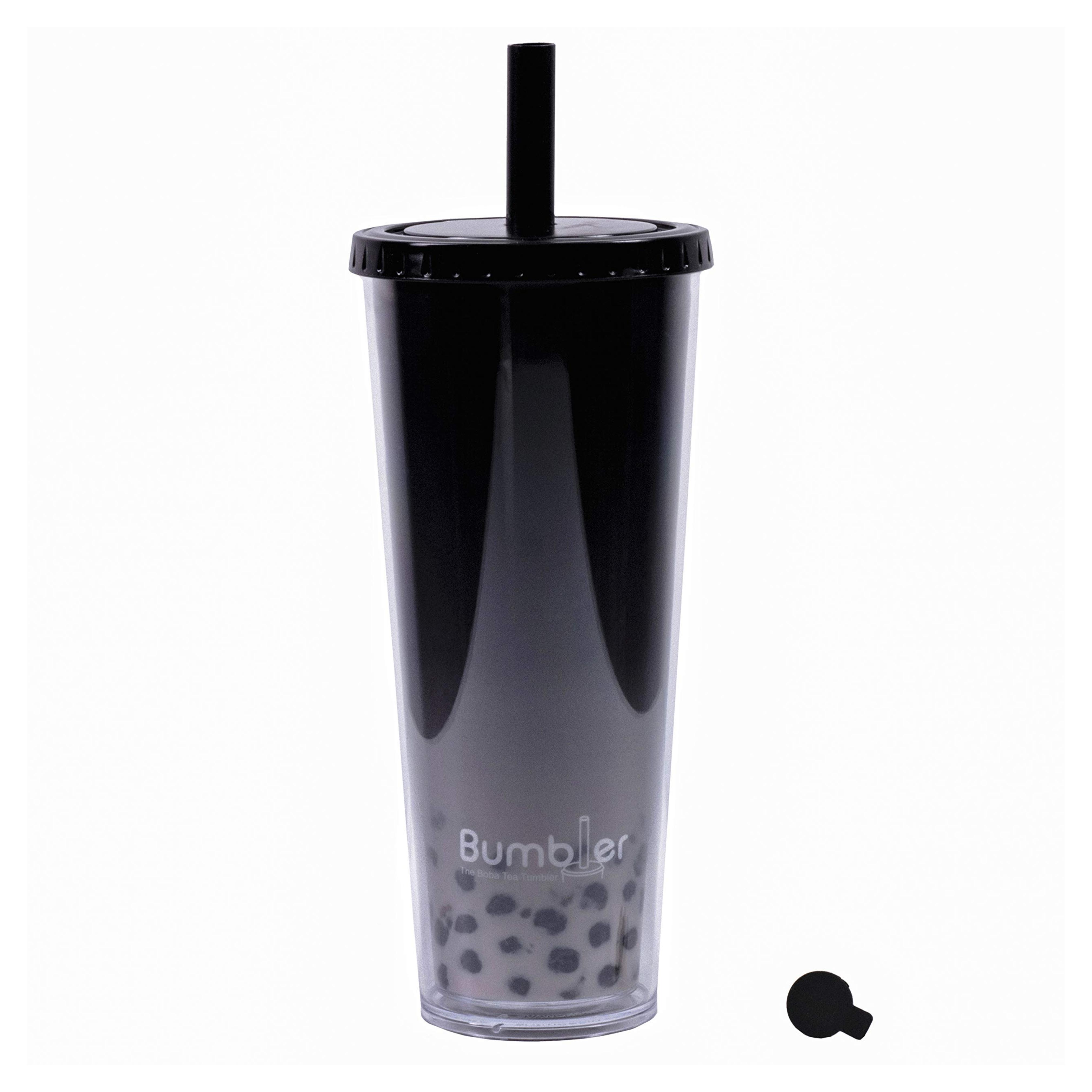 BUMBLER Original Boba Tea Tumbler - Black - SMOOTHFlow Wide Smoothie Straw & Plug - Upgraded Durability - Keeps Drinks Cold/Hot - 2x Vacuum Insulated Pearl Milk Bubble Tea Cup - 24 Oz Tumbler