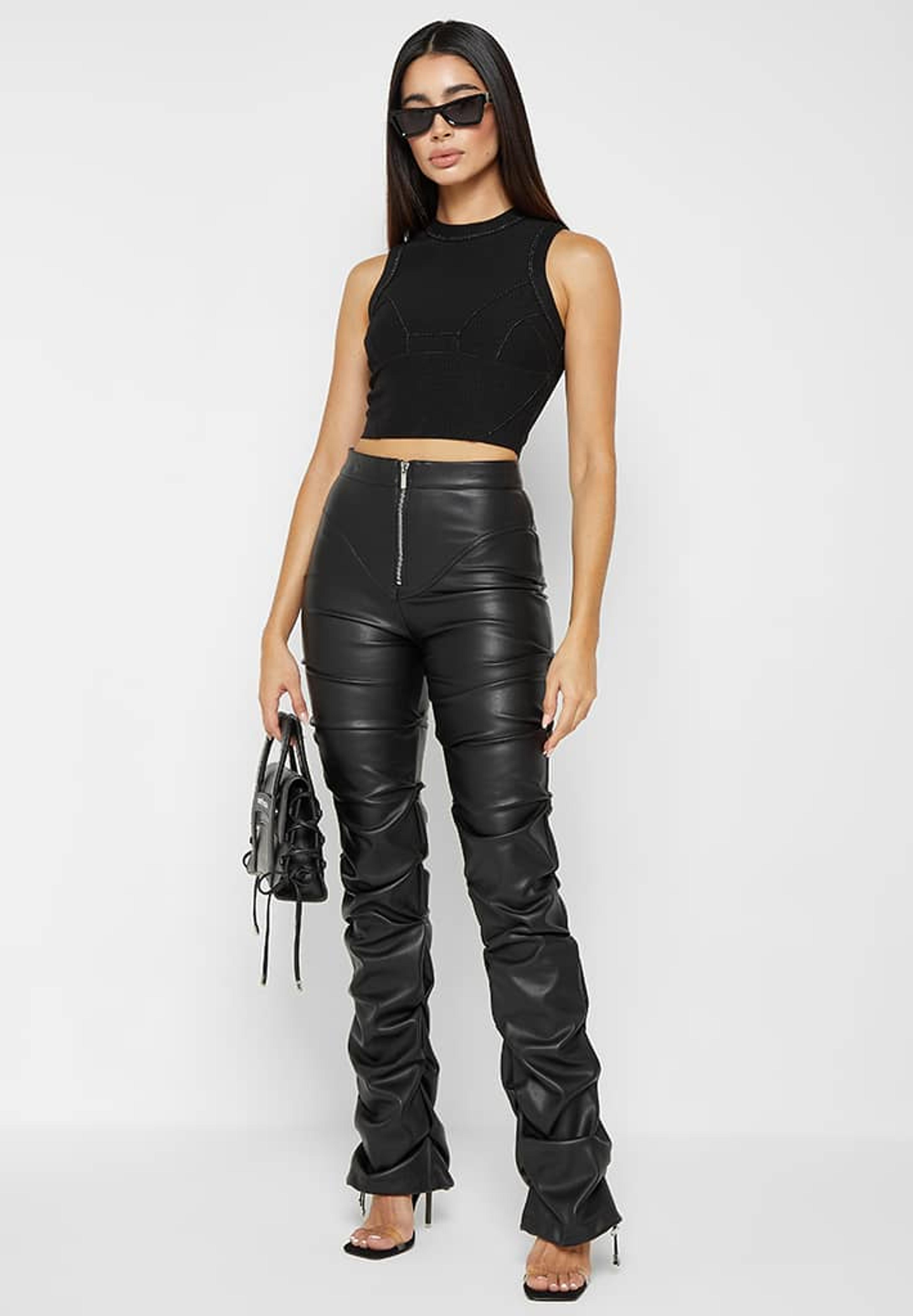 Tacked Vegan Leather Flared Trousers - Black