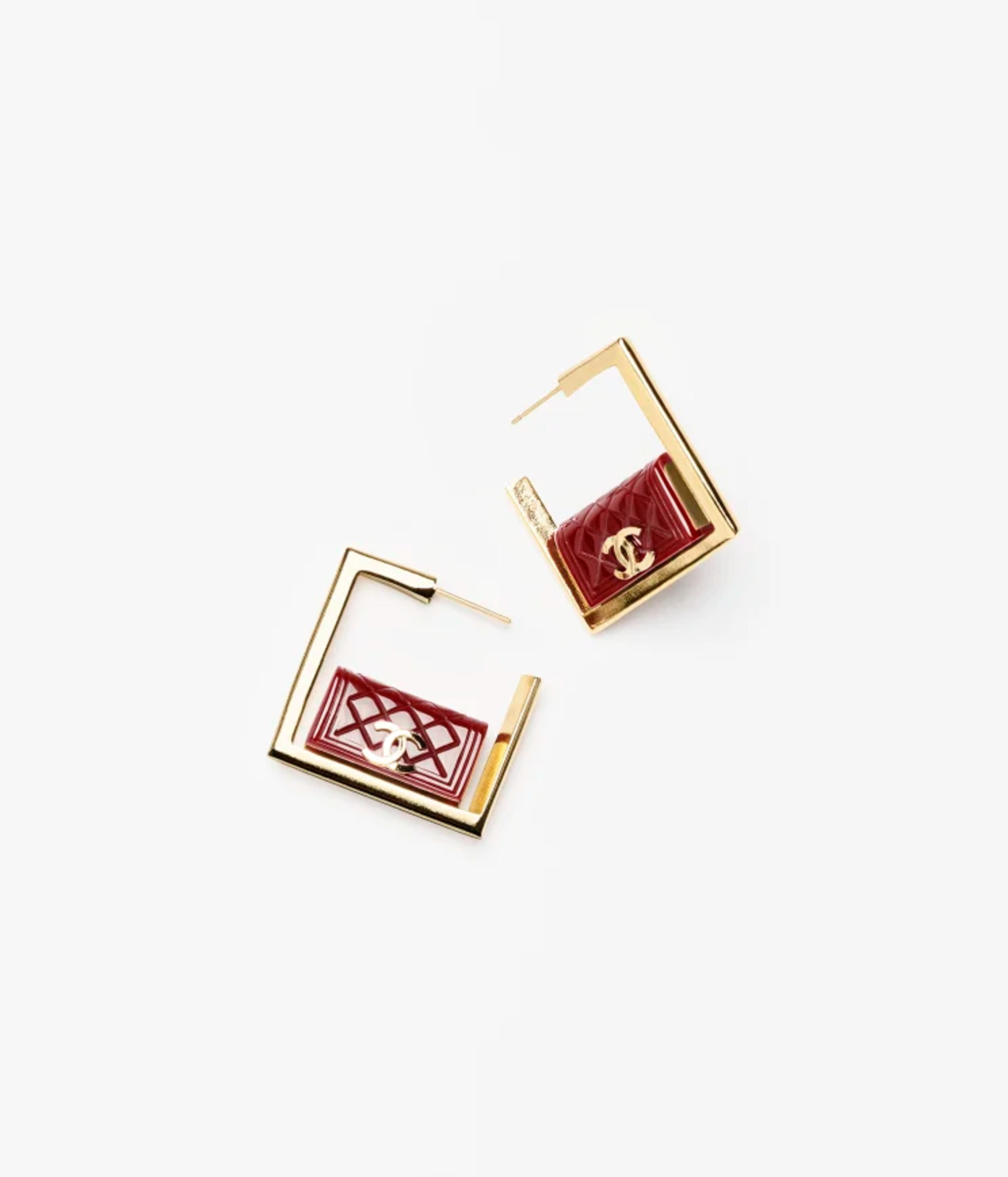 Hoop earrings - Metal & resin, gold & dark red — Fashion | CHANEL