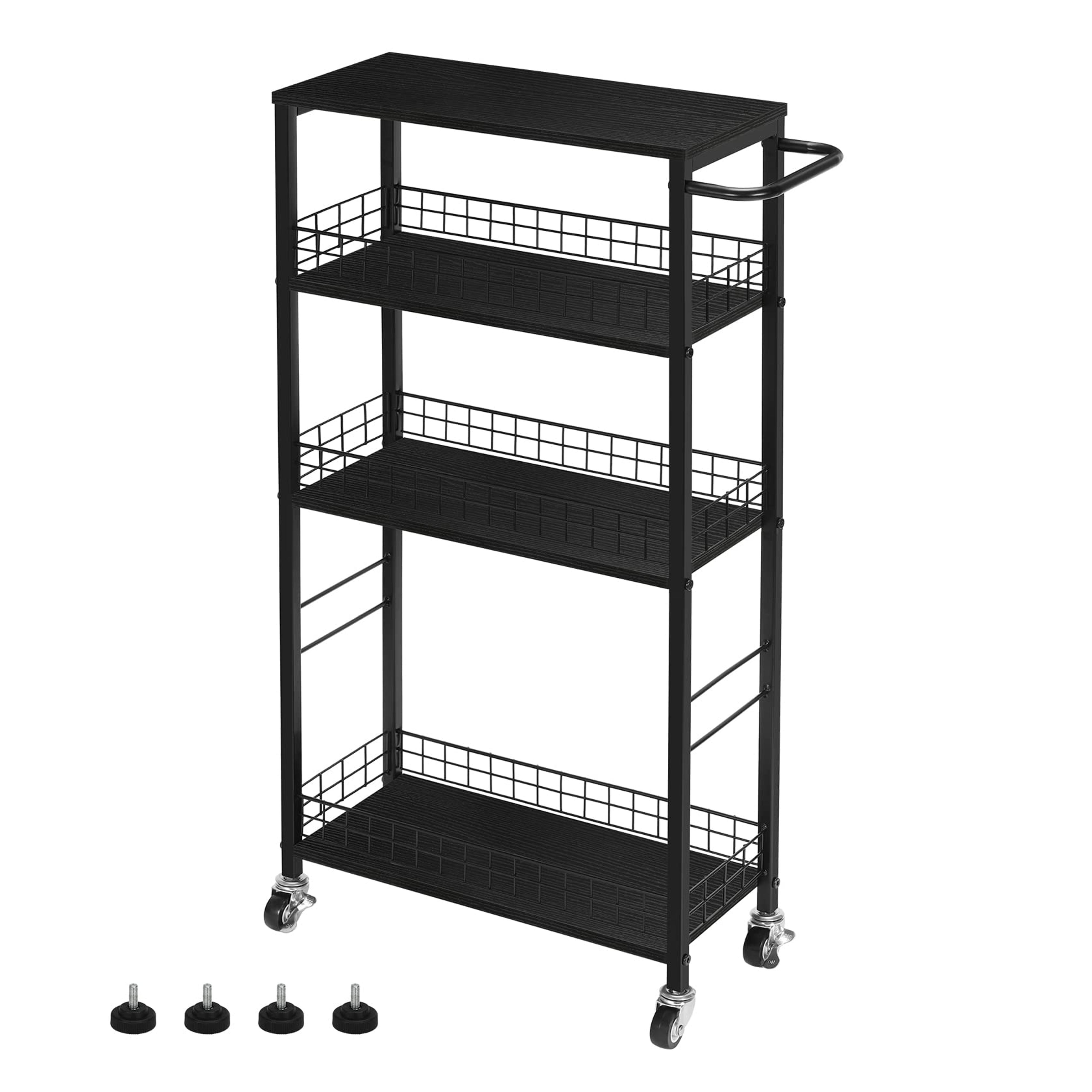 Amazon.com: Slim Storage Cart Kitchen Rolling Utility Cart on Wheels 4 Tier Mobile Narrow Cart with Wood and Metal Handle Slide Out Storage Shelving Unit Cart for Kitchen Living Room Laundry Small Places Black : Office Products