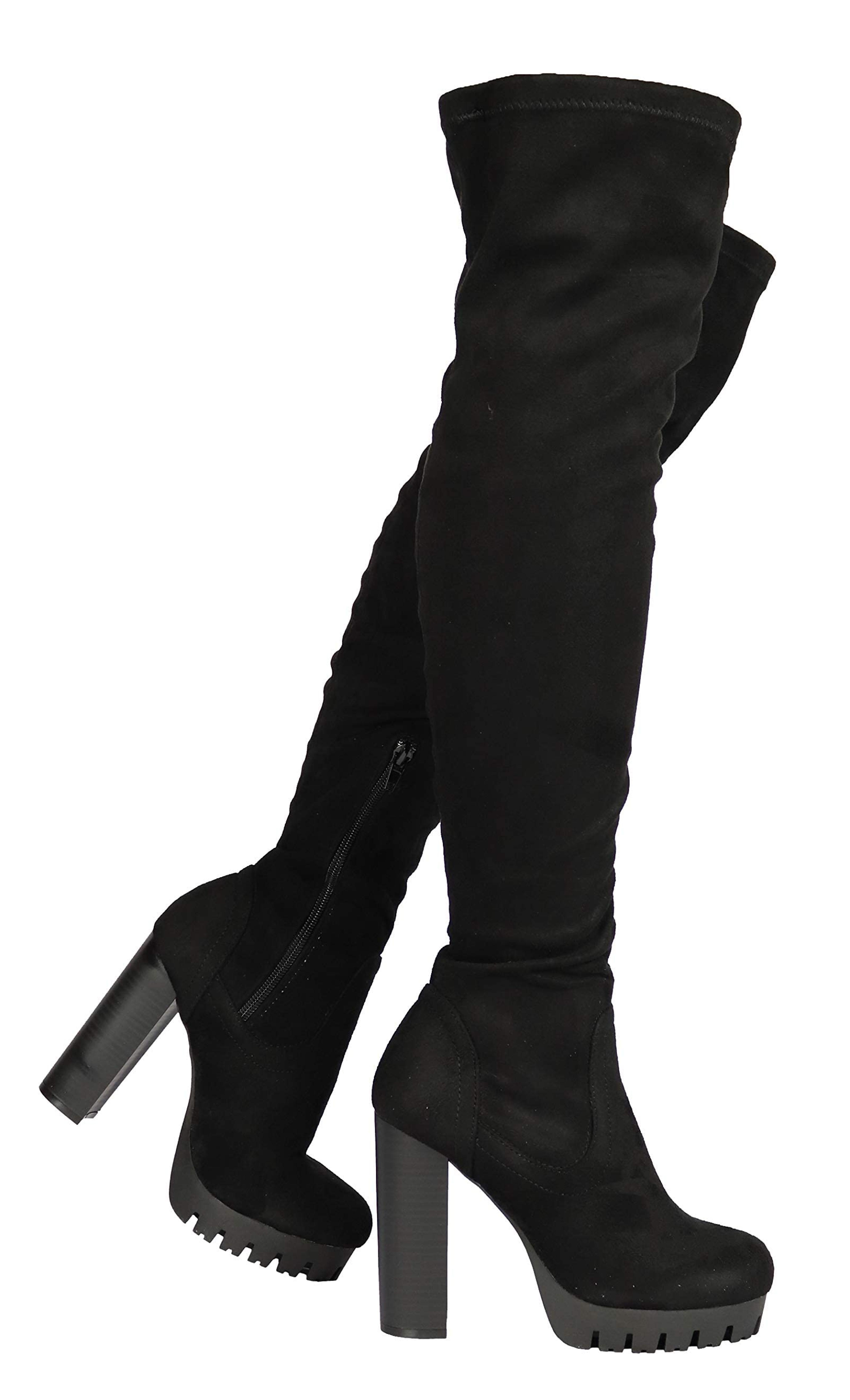 Wild Diva Vivica-10 Women Round Toe Low Heel Knee High Boots Chunky Platform Heel Classics Zipper Bootes 10 Black V Suede