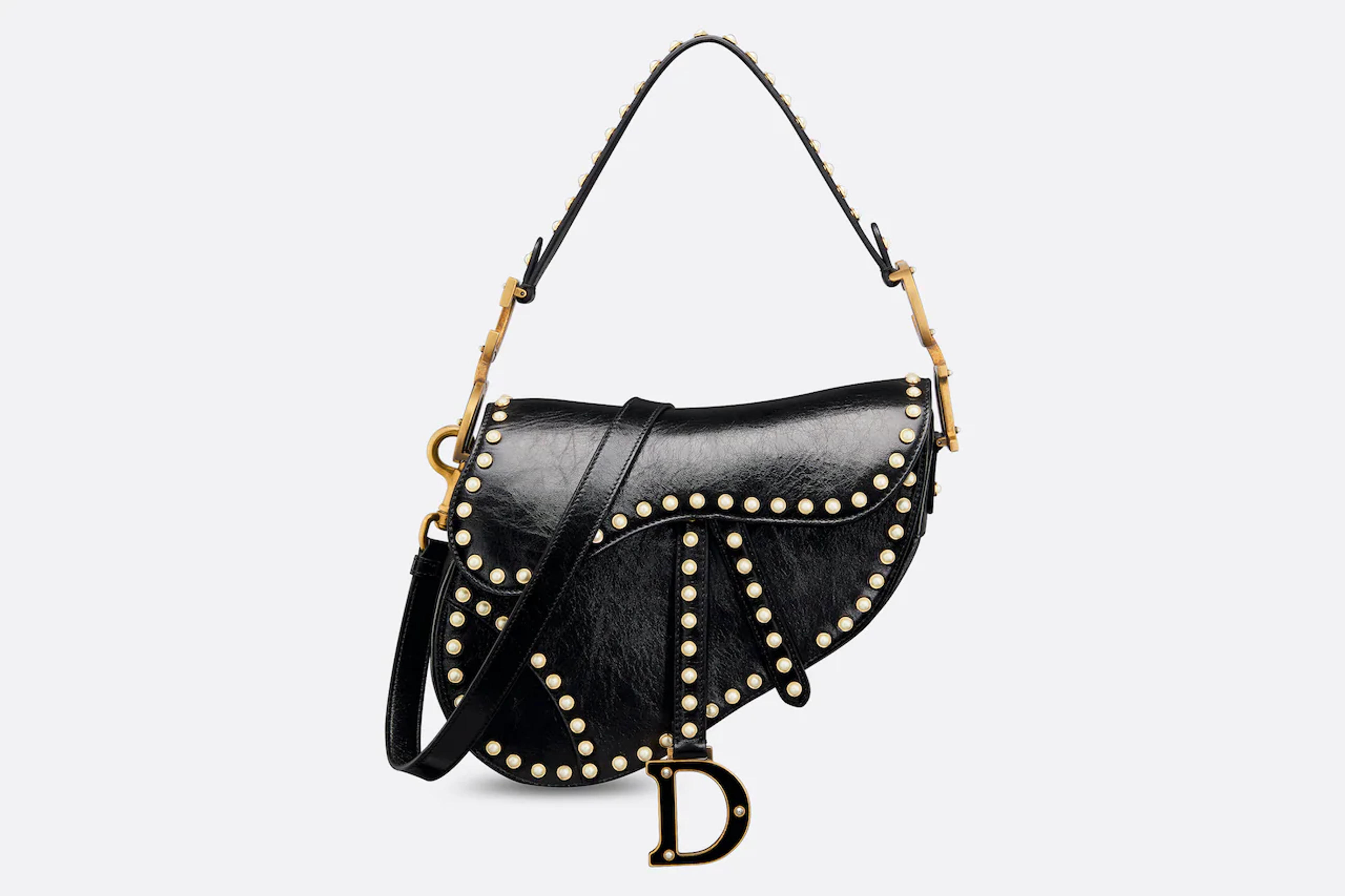 Saddle Bag with Strap Black Crinkle-Effect Lambskin with White Resin Pearls | DIOR