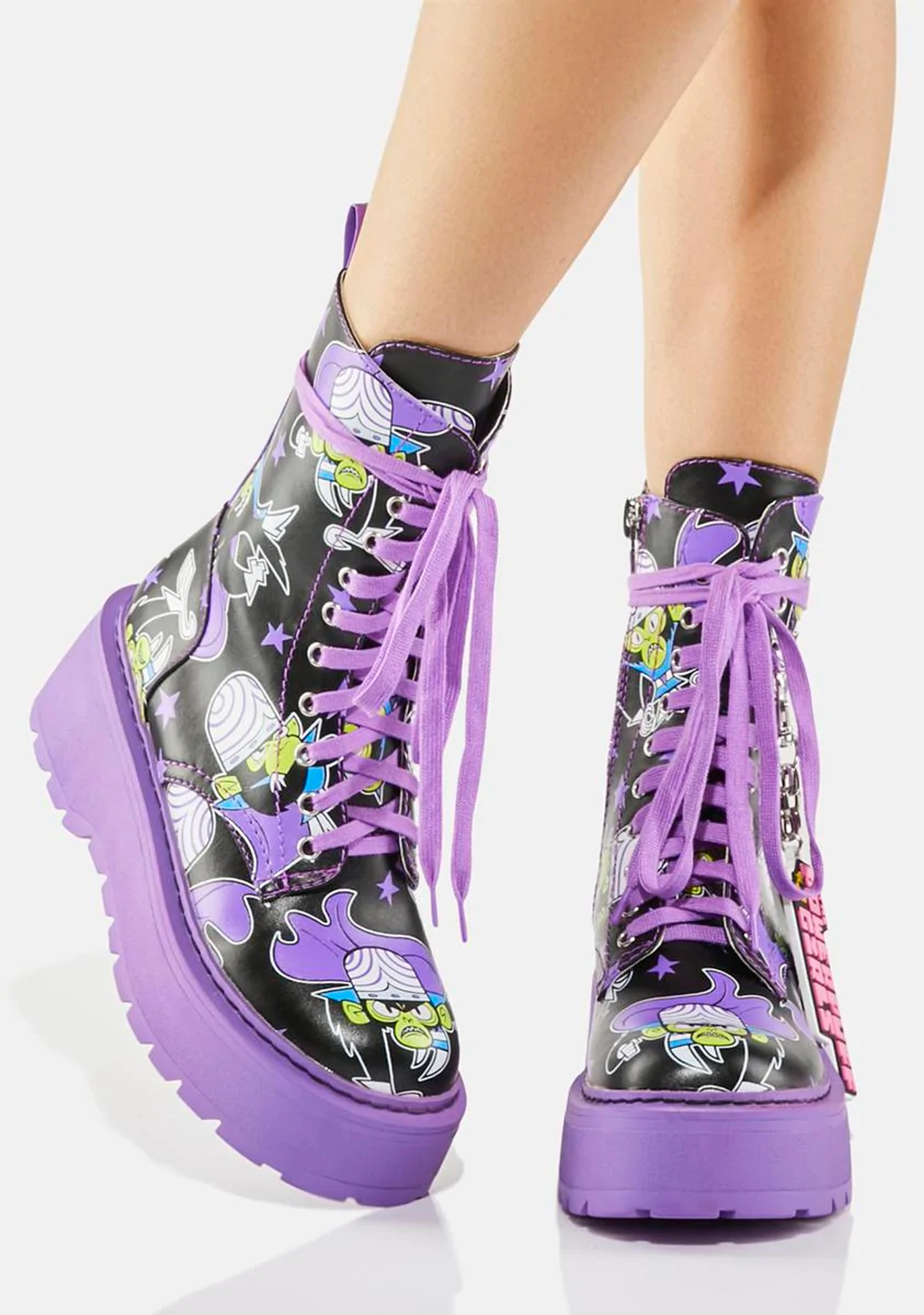 Dolls Kill x The Powerpuff Girls Mojo Jojo Print Combat Boots With Charms - Black/Purple