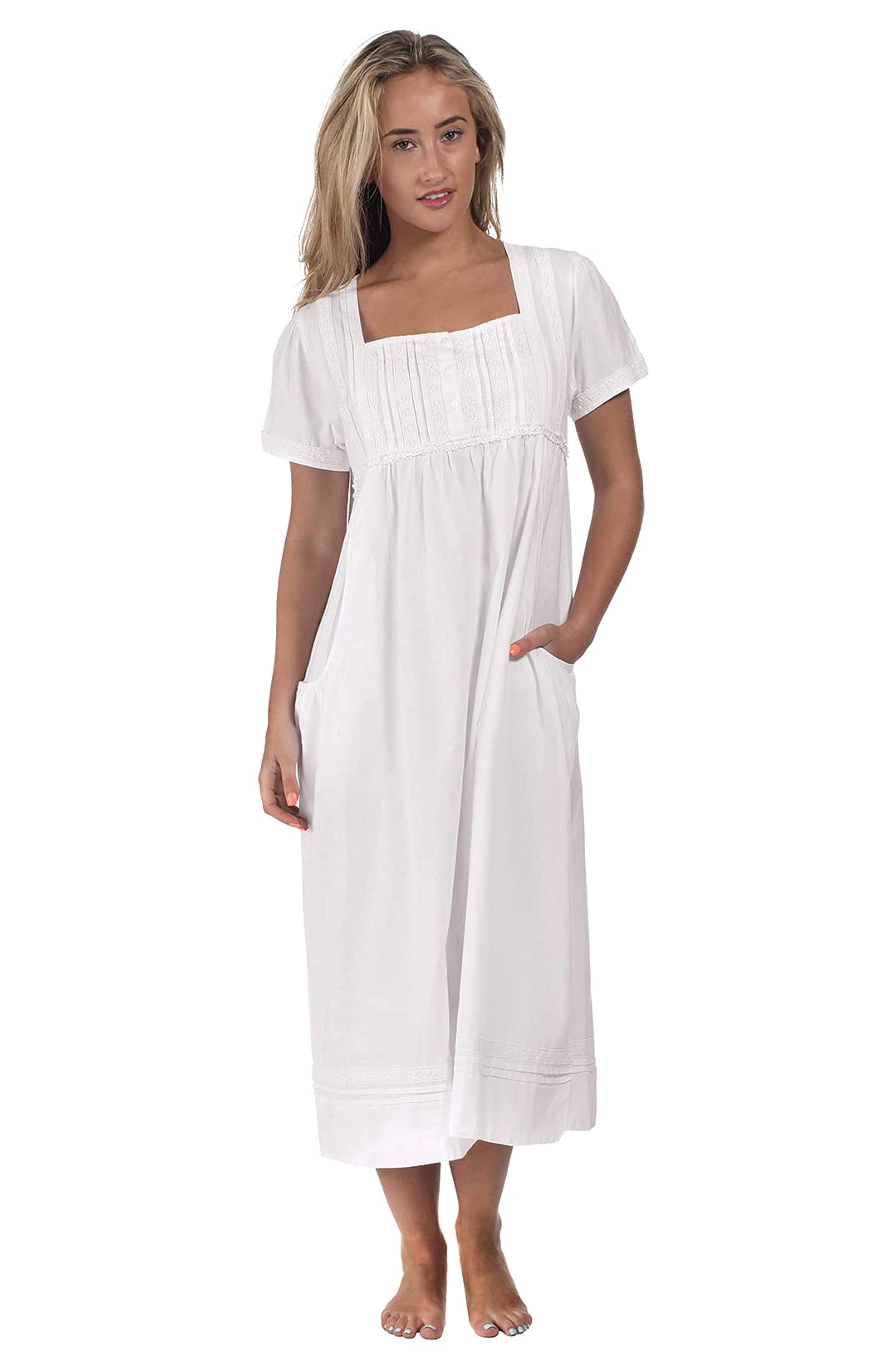 The 1 for U Lara 100% Cotton Short Sleeve Nightgown with Pockets - (XL / 1X) White at Amazon Women’s Clothing store