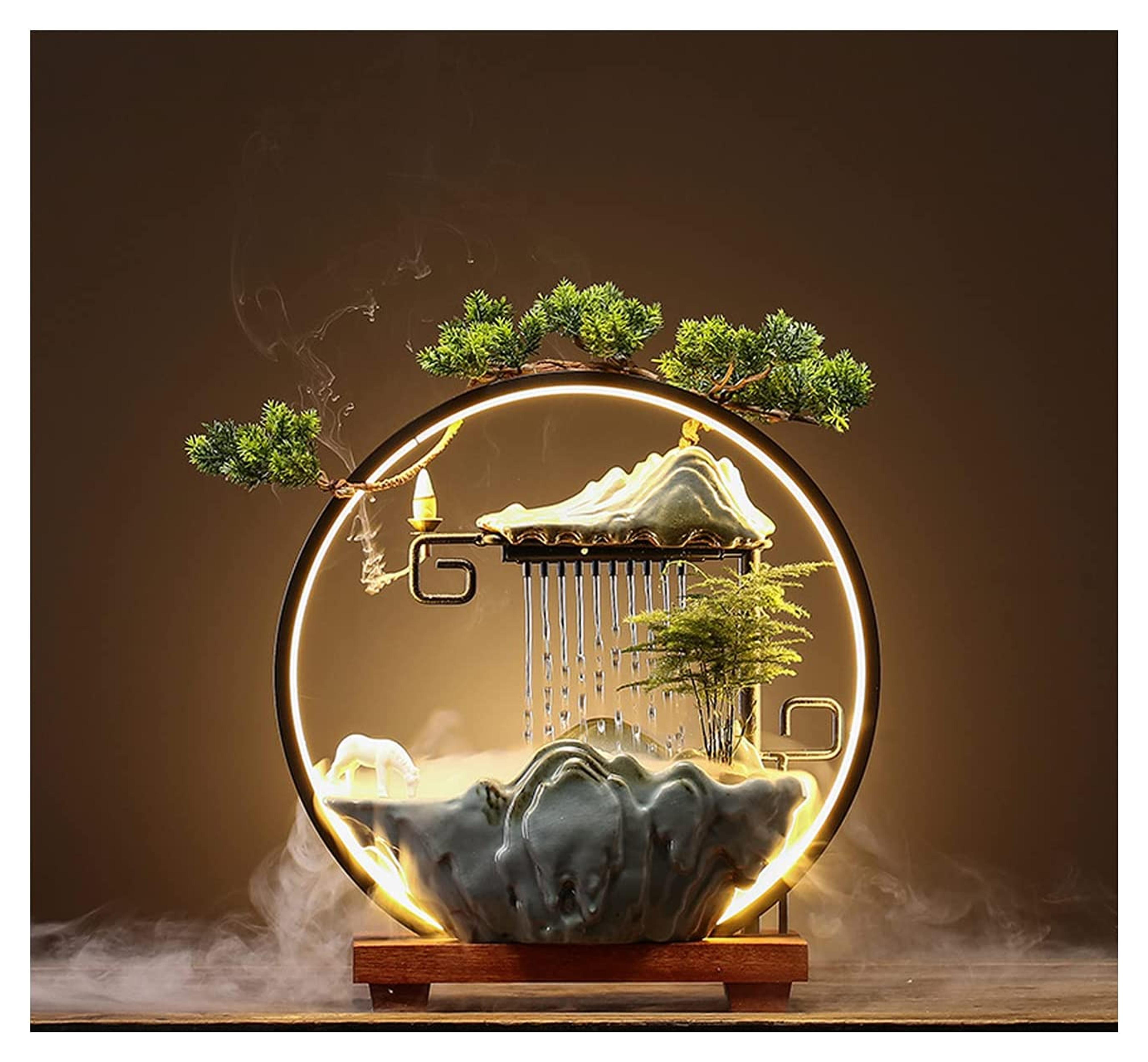 HSINYA Tabletop Water Fountains Indoor Waterfall with LED Light Indoor Water Fountains for Meditation with Backflow Incense Japanese Decor with Fake Plants Feng Shui Decor for Good Luck Wealth