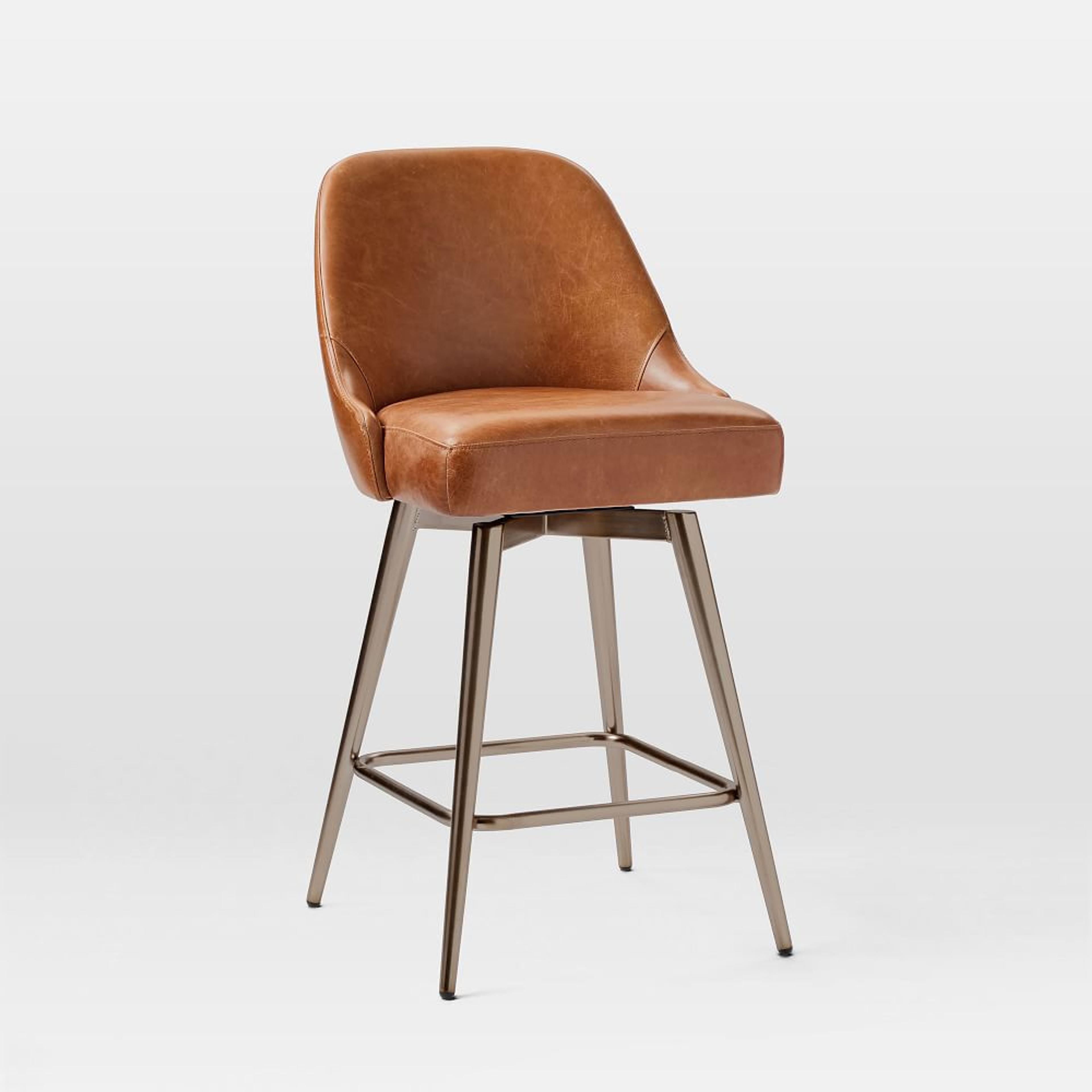 Mid-Century Leather Counter Stool, Saddle Leather, Nut, Blackened Brass | West Elm