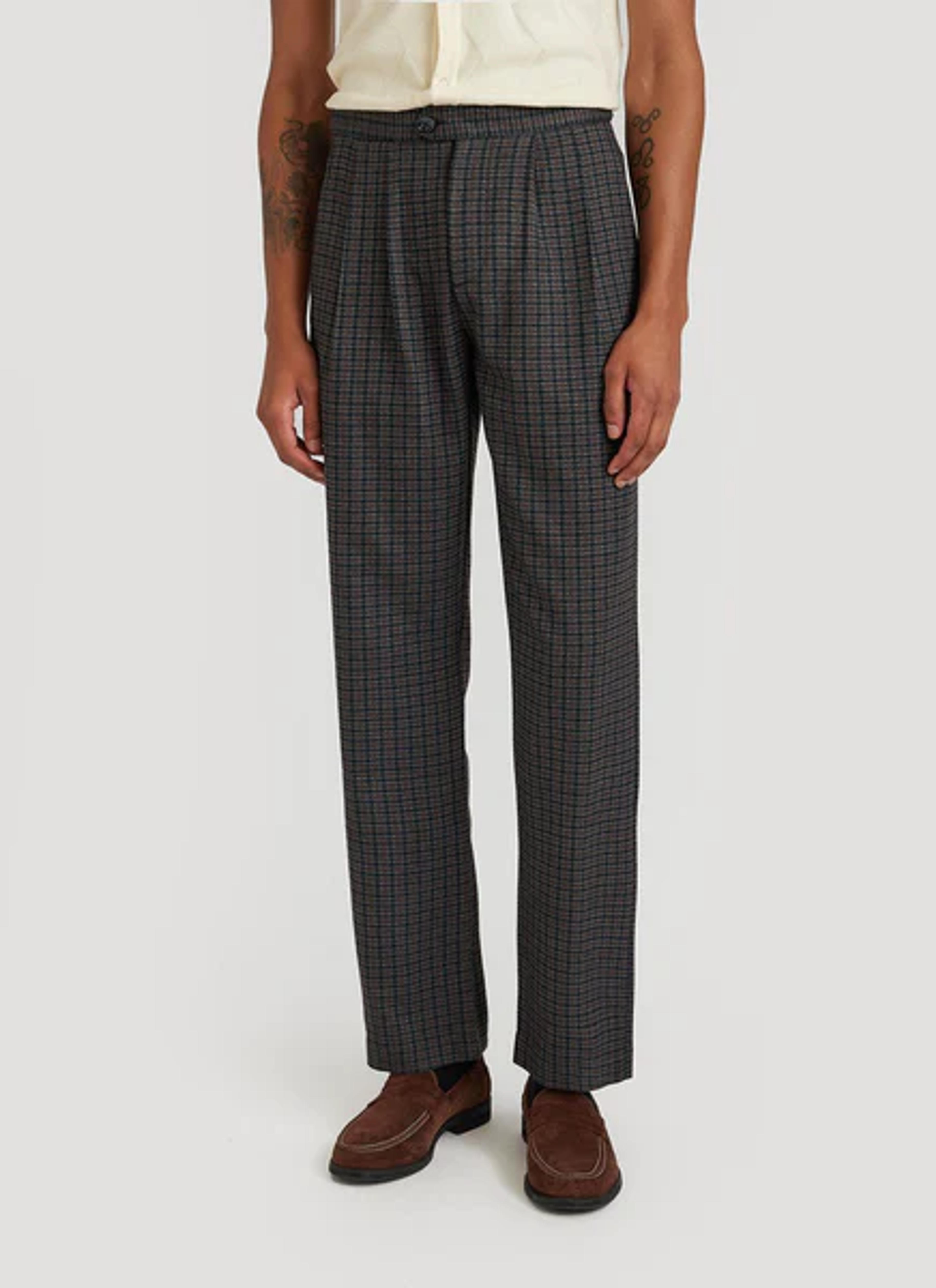 Mini Check Pleated Tailored Trousers | Grey