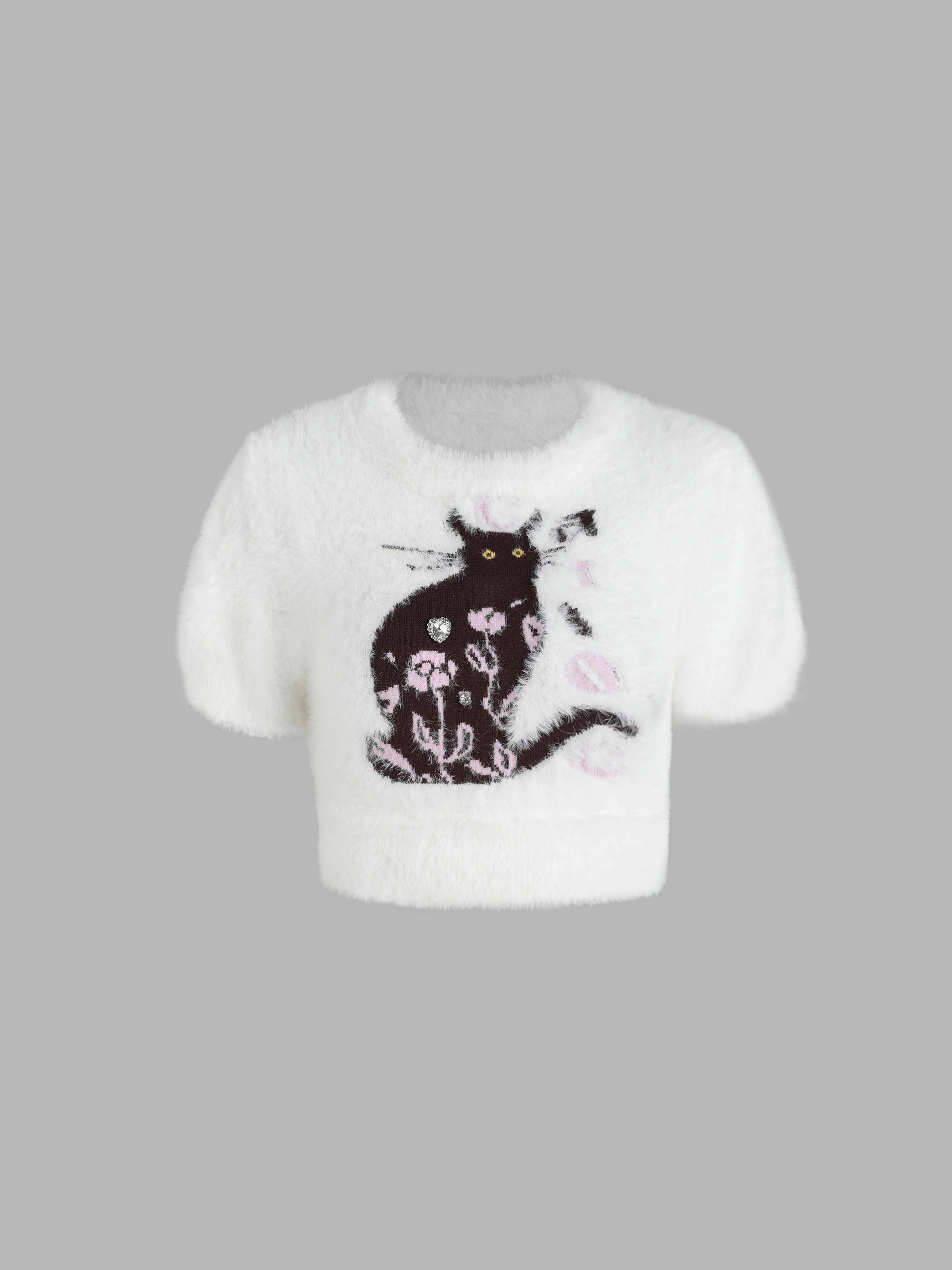 Cat Pattern Knitted Short Sleeve Top