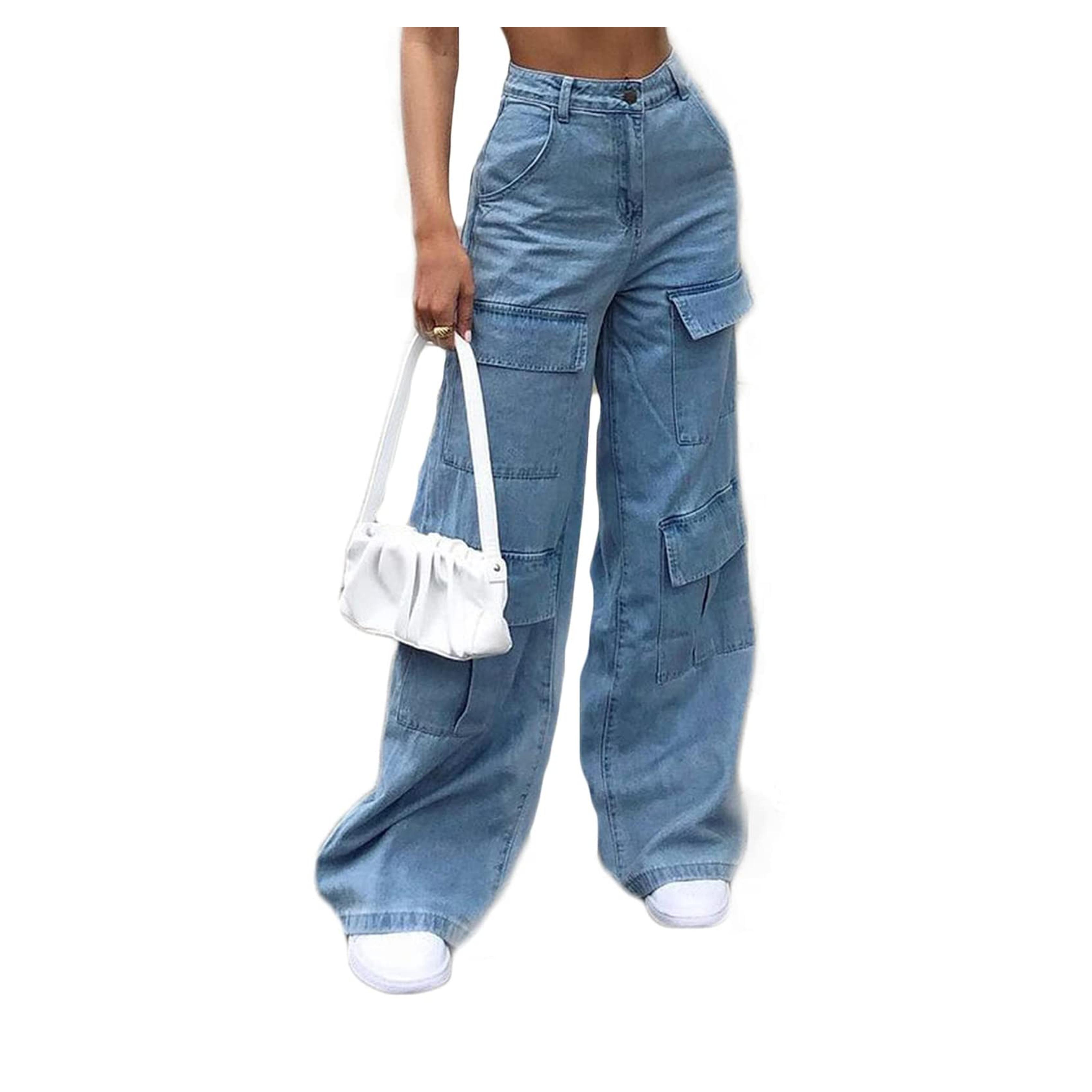 ICNGLKSND Womens Girls High Waisted Baggy Jeans Straight Wide Leg Denim Pants Y2K Trousers Streetwear with Big Pockets Aa-blue Small