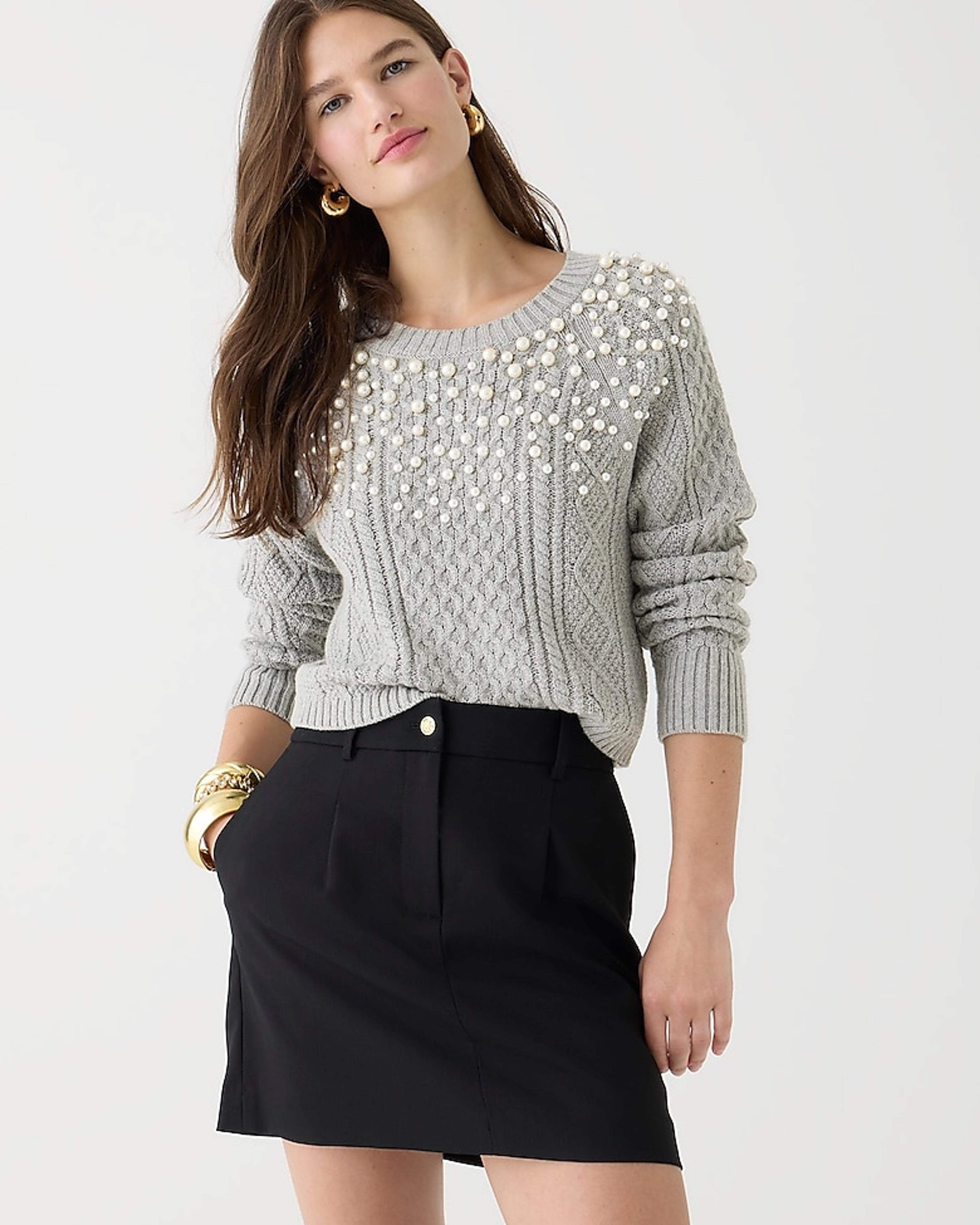 J.Crew: Pearl Embellished Cotton Cable-knit Sweater For Women