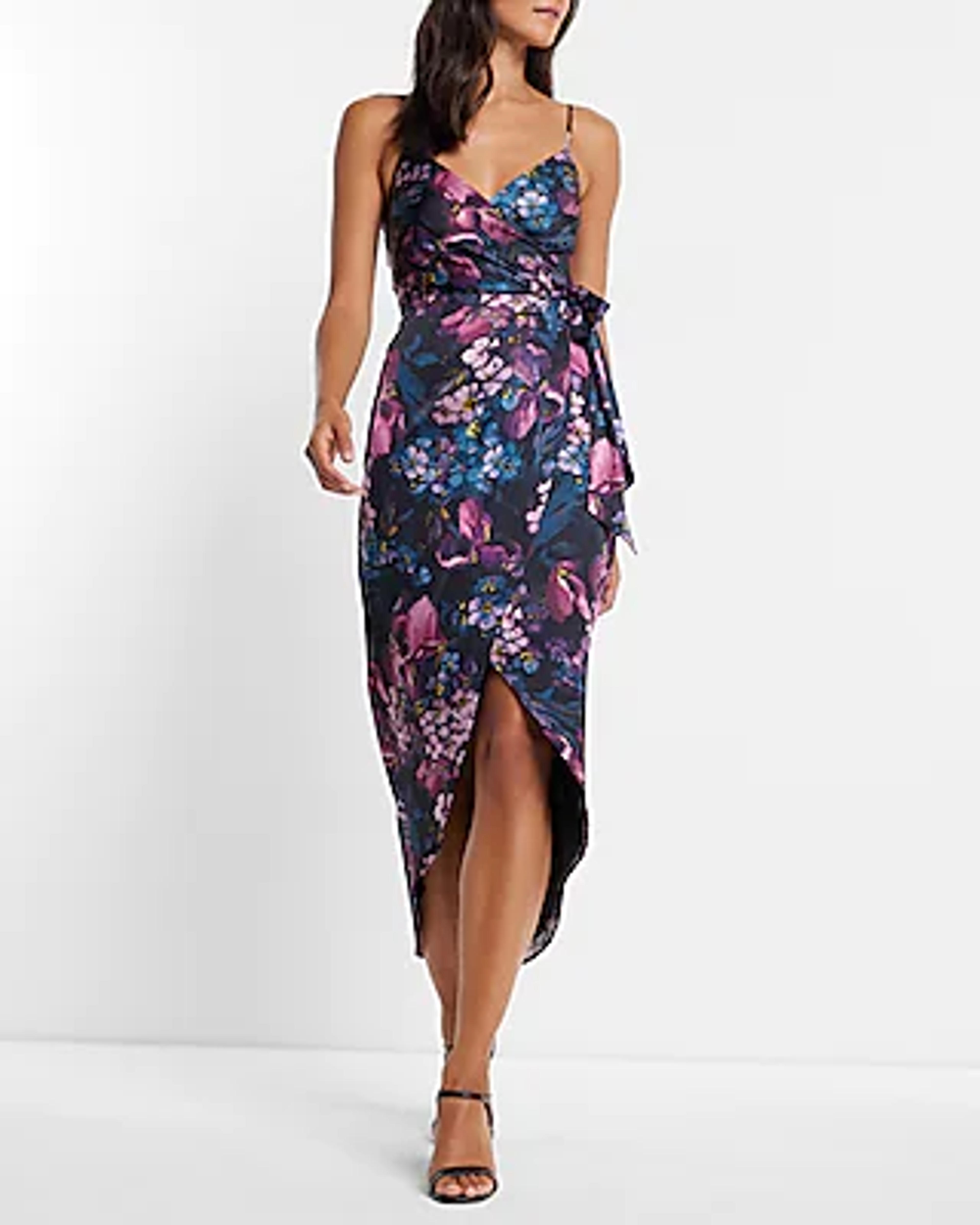 Satin Floral Print Tie Front Dress | Express