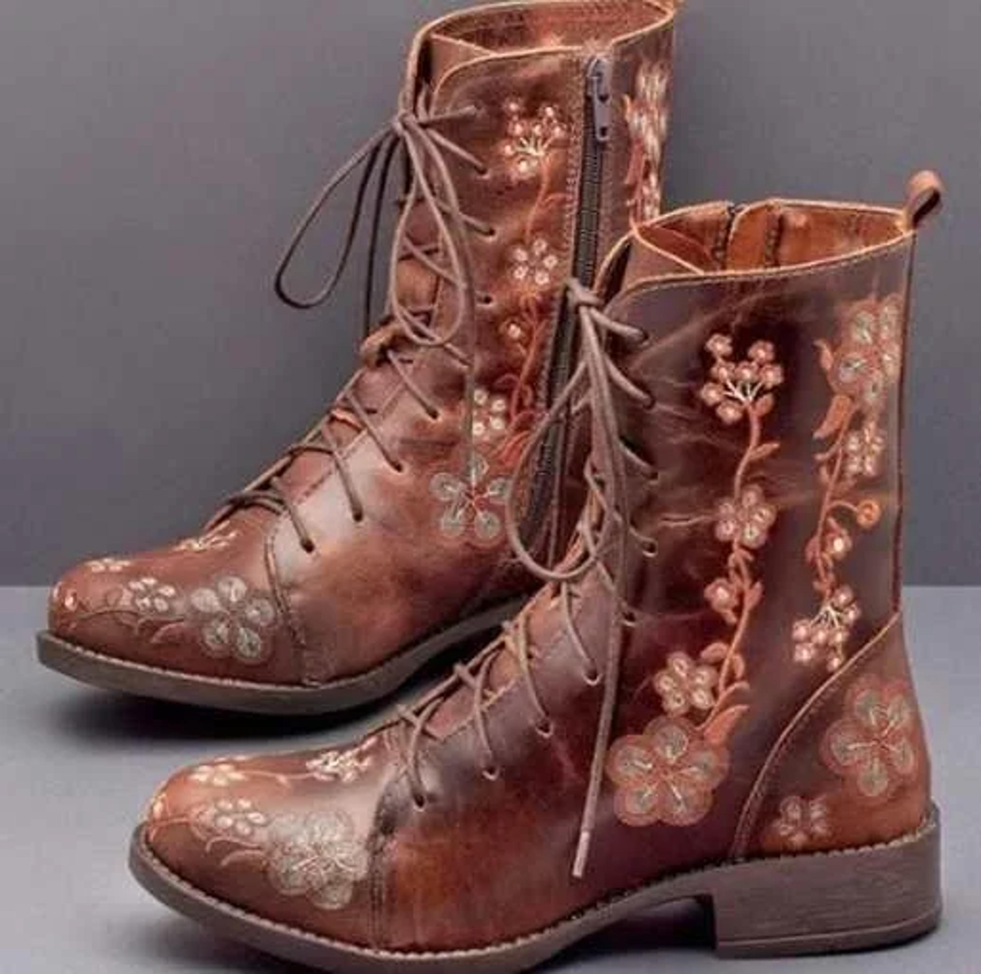 Cottagecore Floral Etched Leather Lace Up Combat Boots