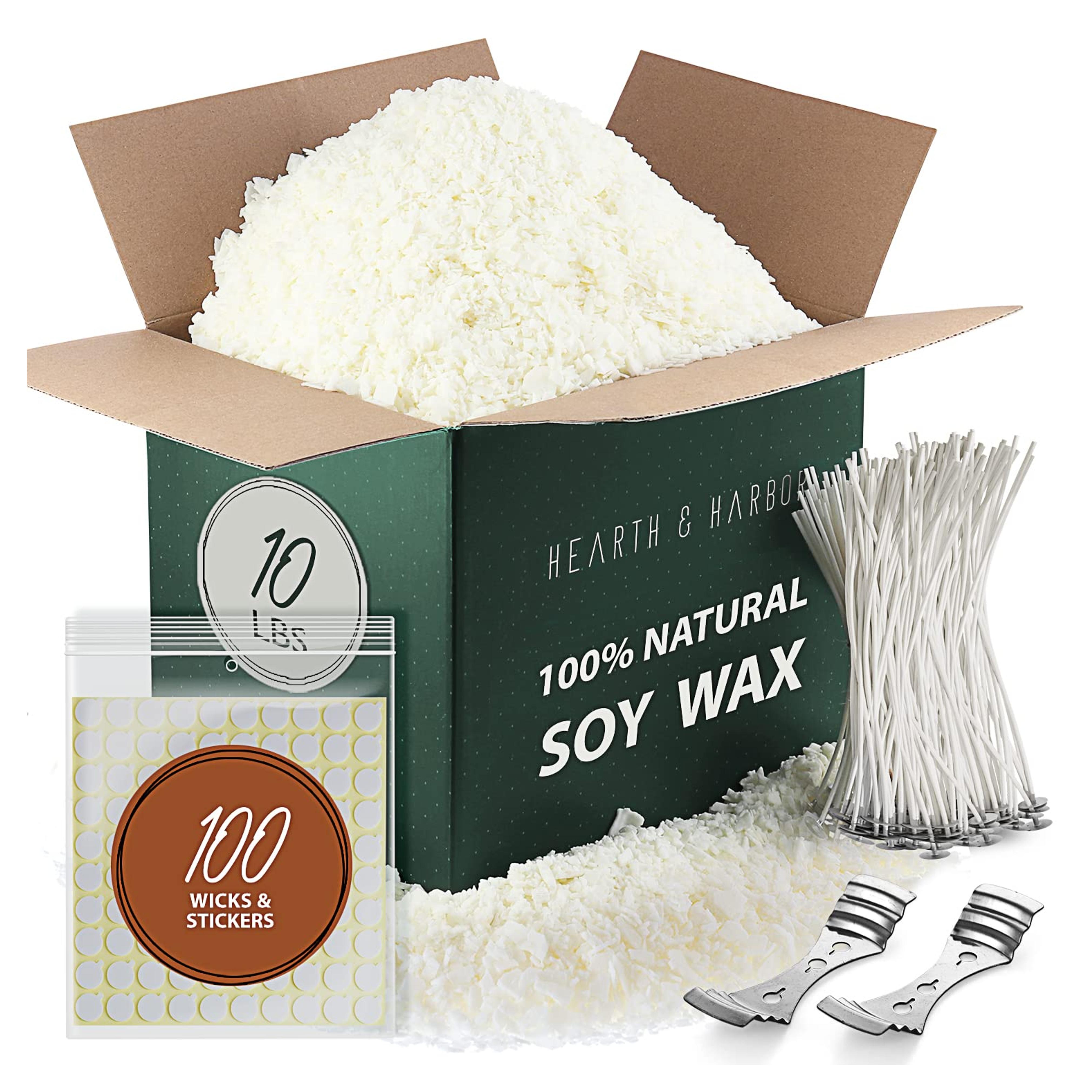 Hearth & Harbor Soy Candle Wax for Candle Making 10 lb Bag, Premium Natural Soy Wax Flakes, 100 Cotton Candle Wicks, 100 Wick Stickers, & 2 Centering Devices