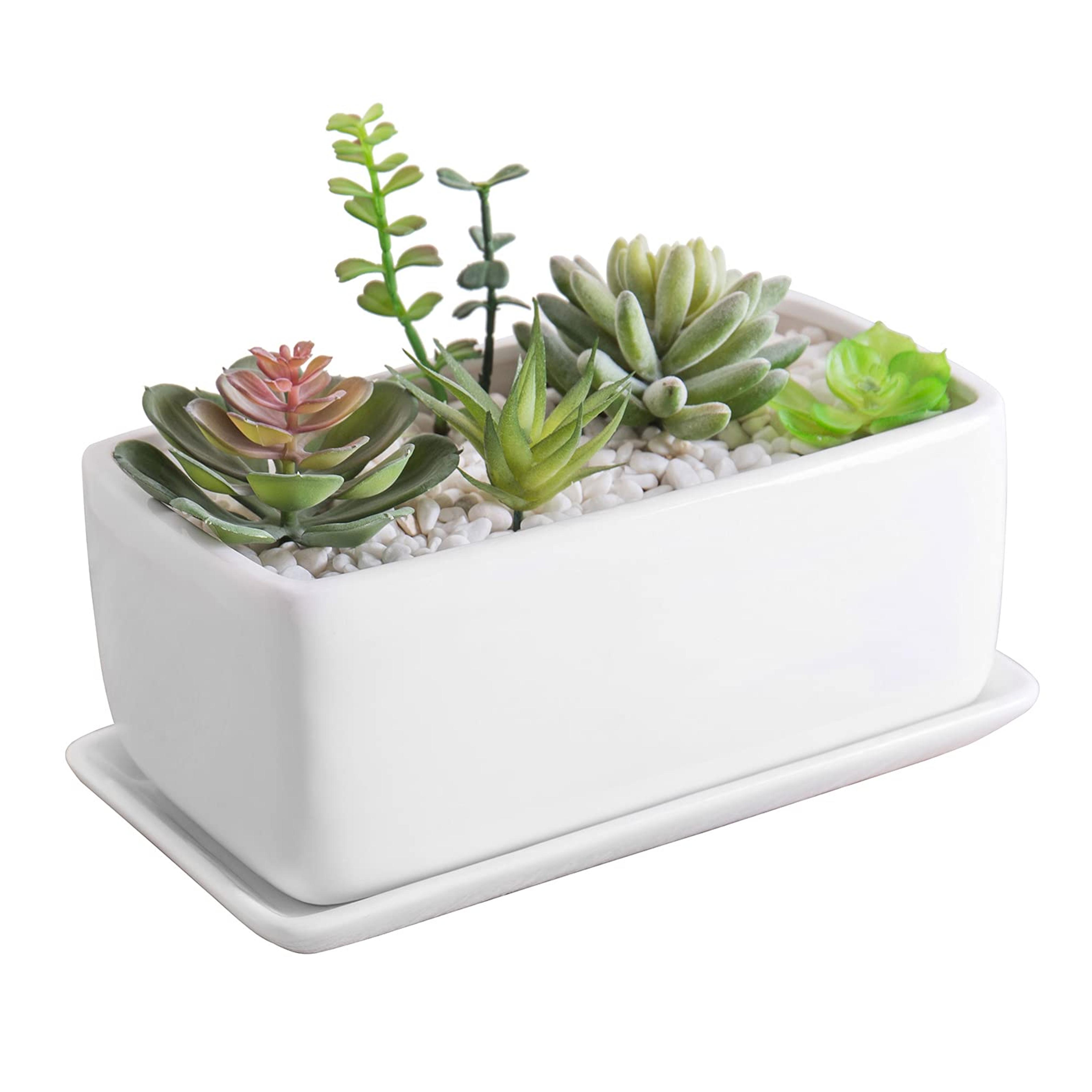 10 inch Rectangular Modern Minimalist White Ceramic Succulent Planter Pot / Window Box with Saucer