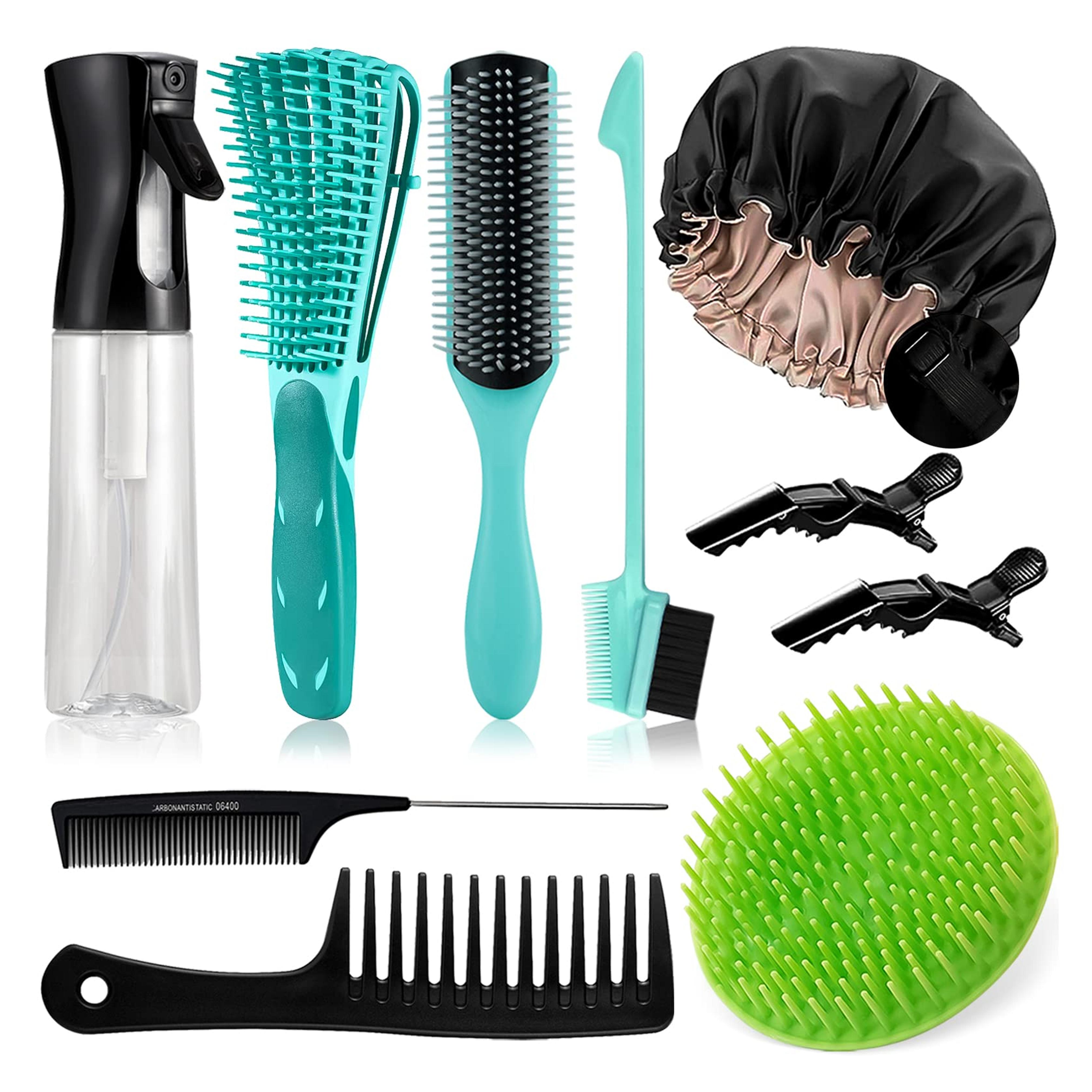 10PCS Detangling Brush Set, Detangling Brush and Comb for Black Natural Hair, Curly Hair Brush Set with Spray Bottle & Sleep Bonnet, Easier and Faster Detangling on Wash Days