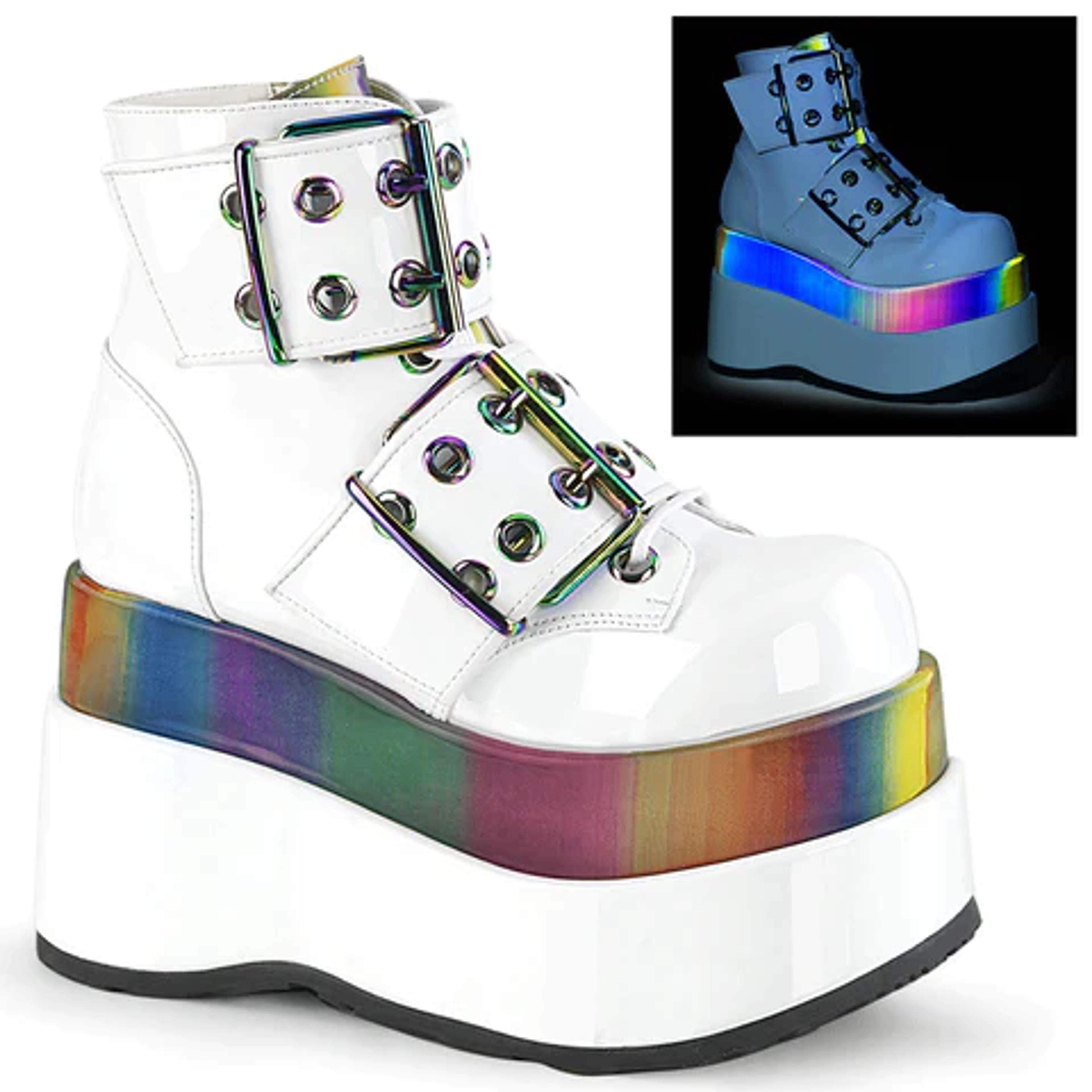 DEMONIA "Bear-104" Ankle Boots - White Patent-Rainbow Reflective – Demonia Cult