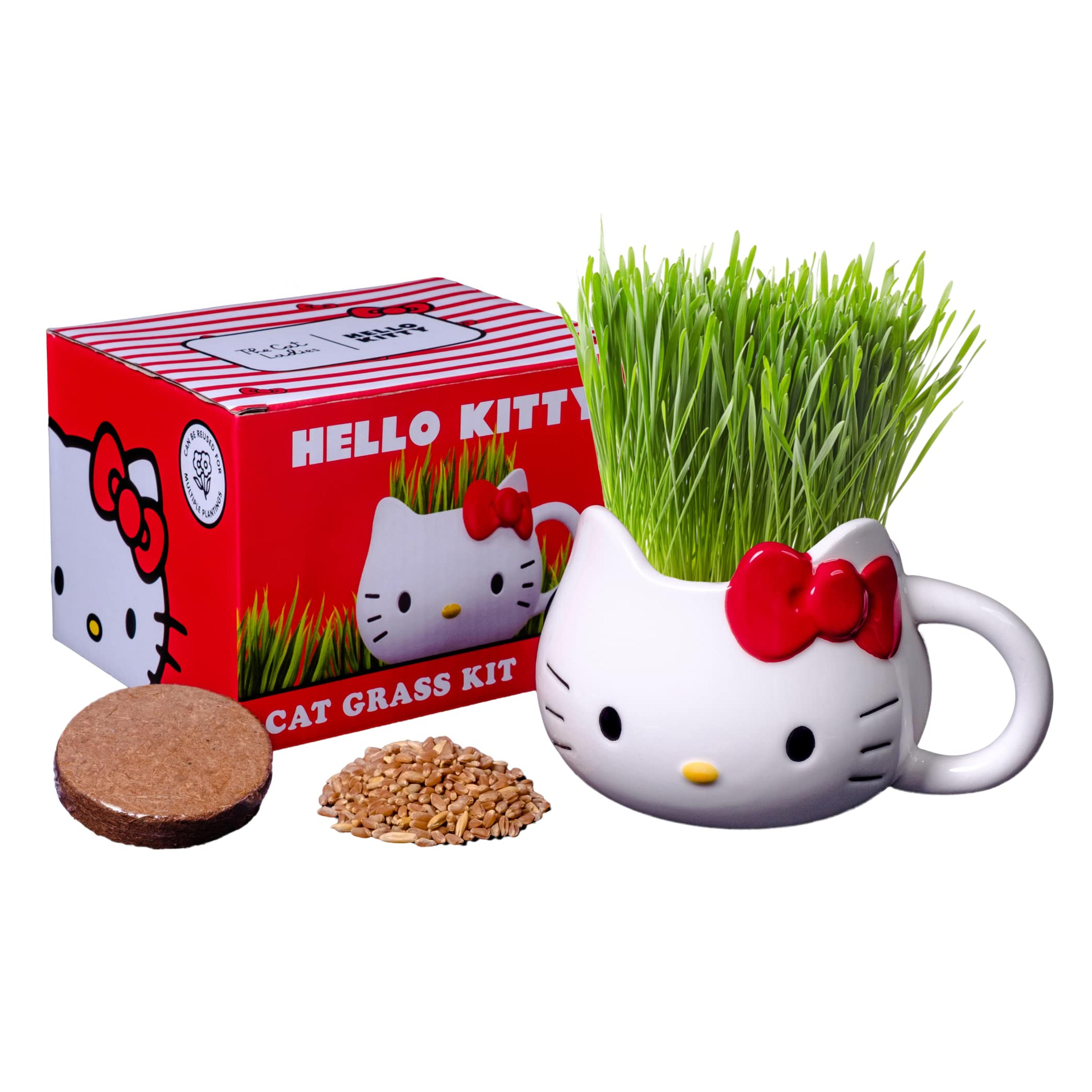 Hello Kitty Organic Cat Grass Growing kit with Organic Seed Mix, Soil and Hello Kitty Mug Planter. Natural Hairball Control and Digestive Remedy