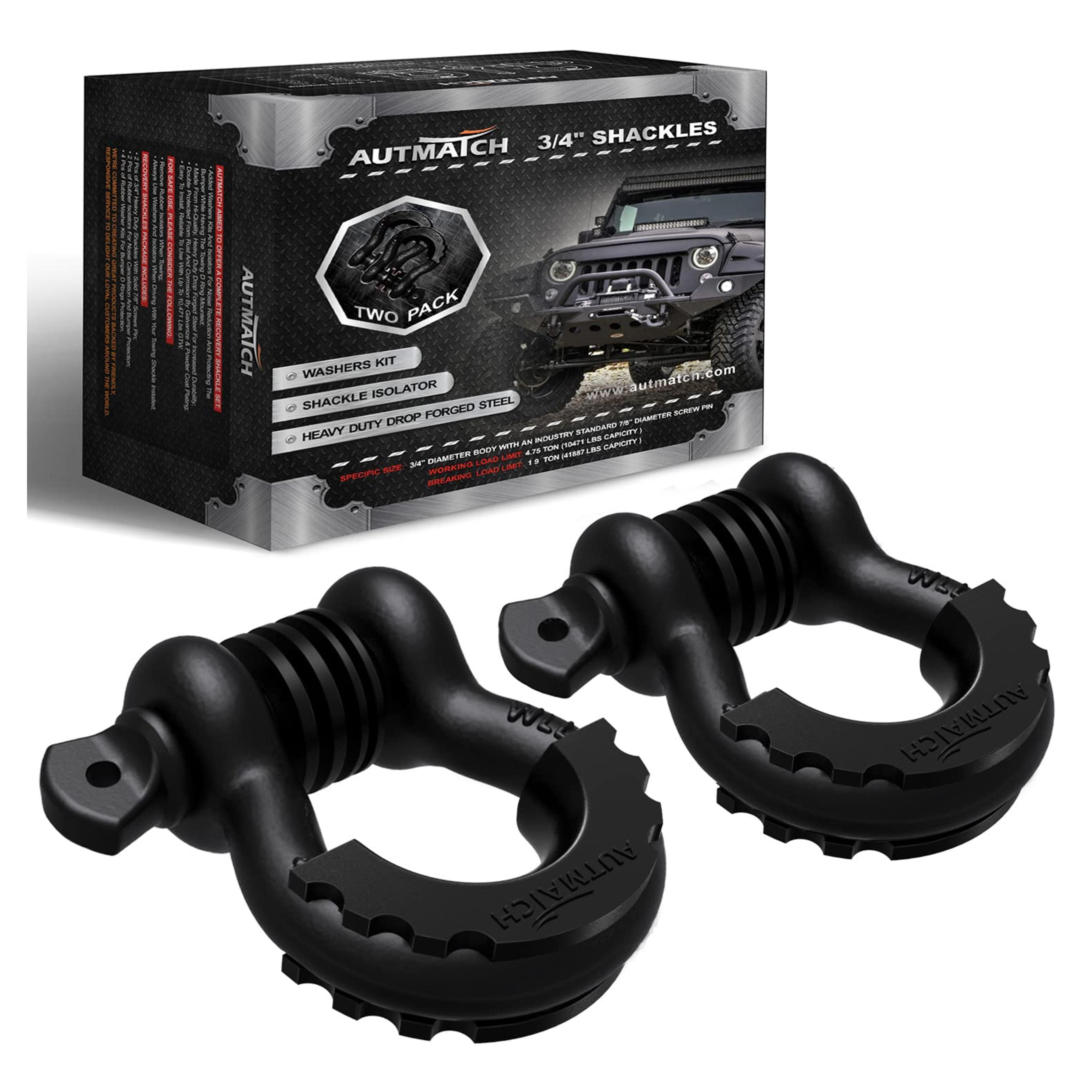 Amazon.com: AUTMATCH D Ring Shackle 3/4" Shackles (2 Pack) 41,887Ibs Break Strength with 7/8" Screw Pin and Shackle Isolator Washers Kit for Tow Strap Winch Off Road Vehicle Recovery, Matte Black : Automotive