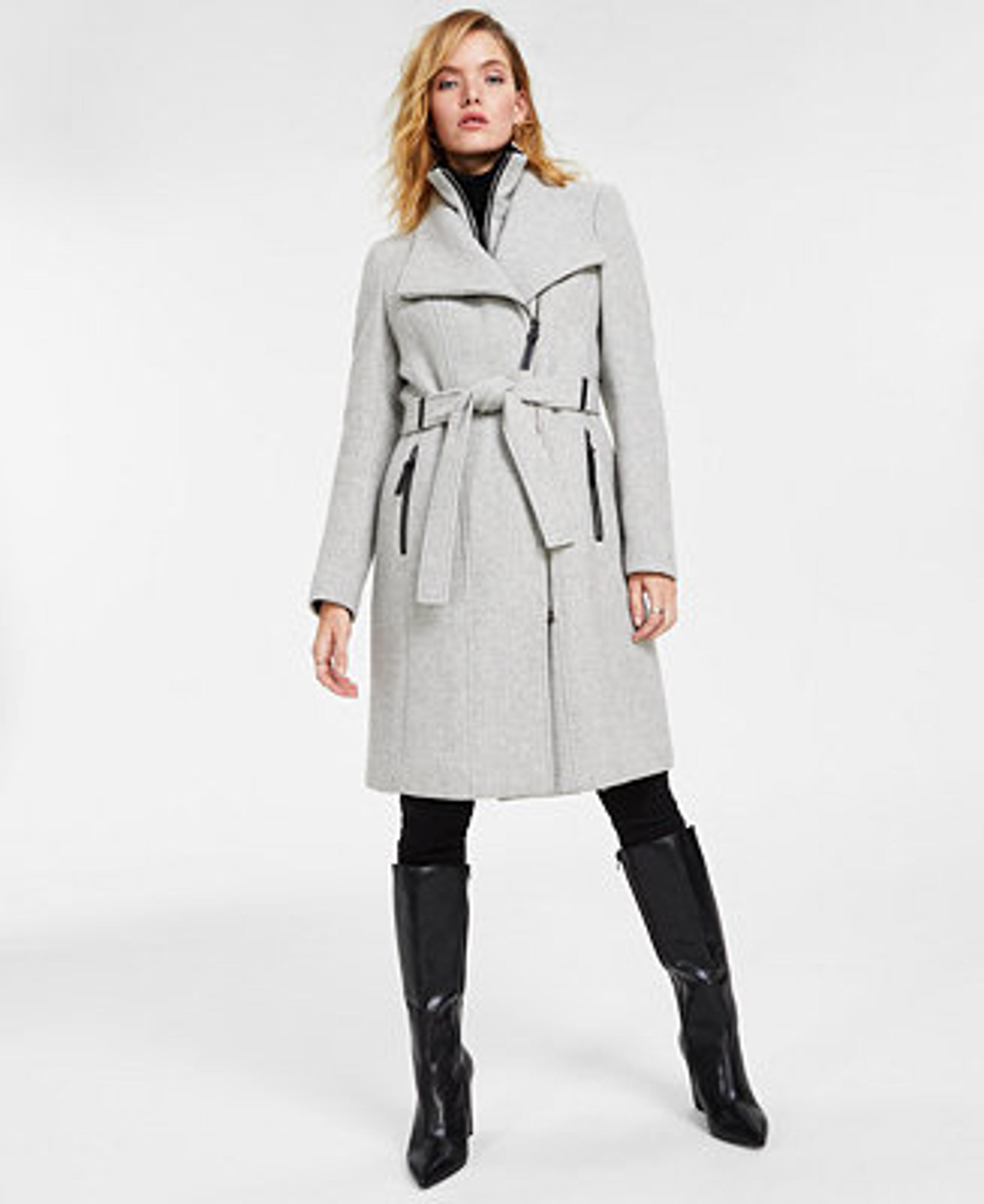 Calvin Klein Women's Faux-Leather Trim Belted Wrap Coat, Created for Macy's & Reviews - Coats & Jackets - Women - Macy's