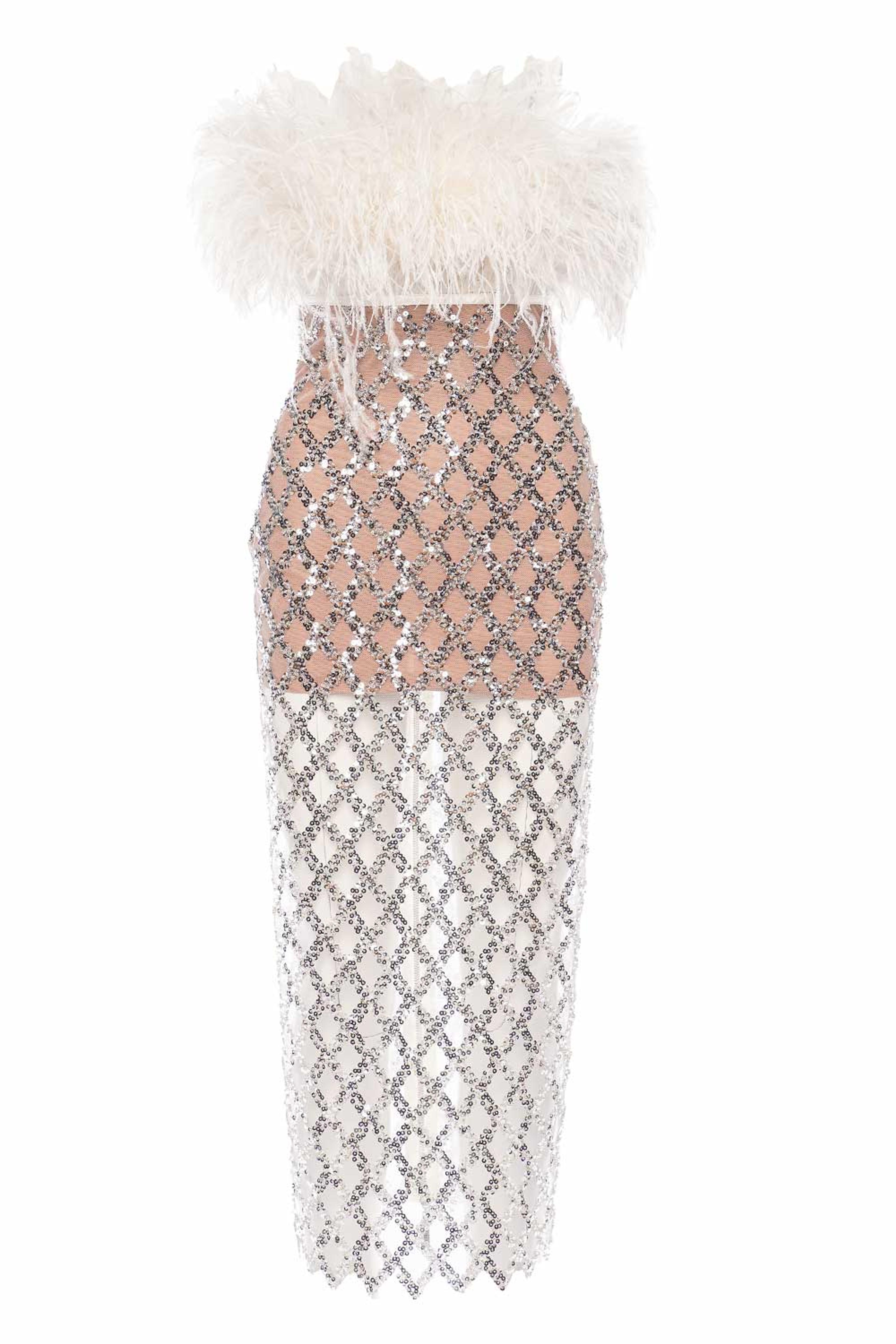 Afiya White & Silver Feathered Midi Dress – Lola Dré