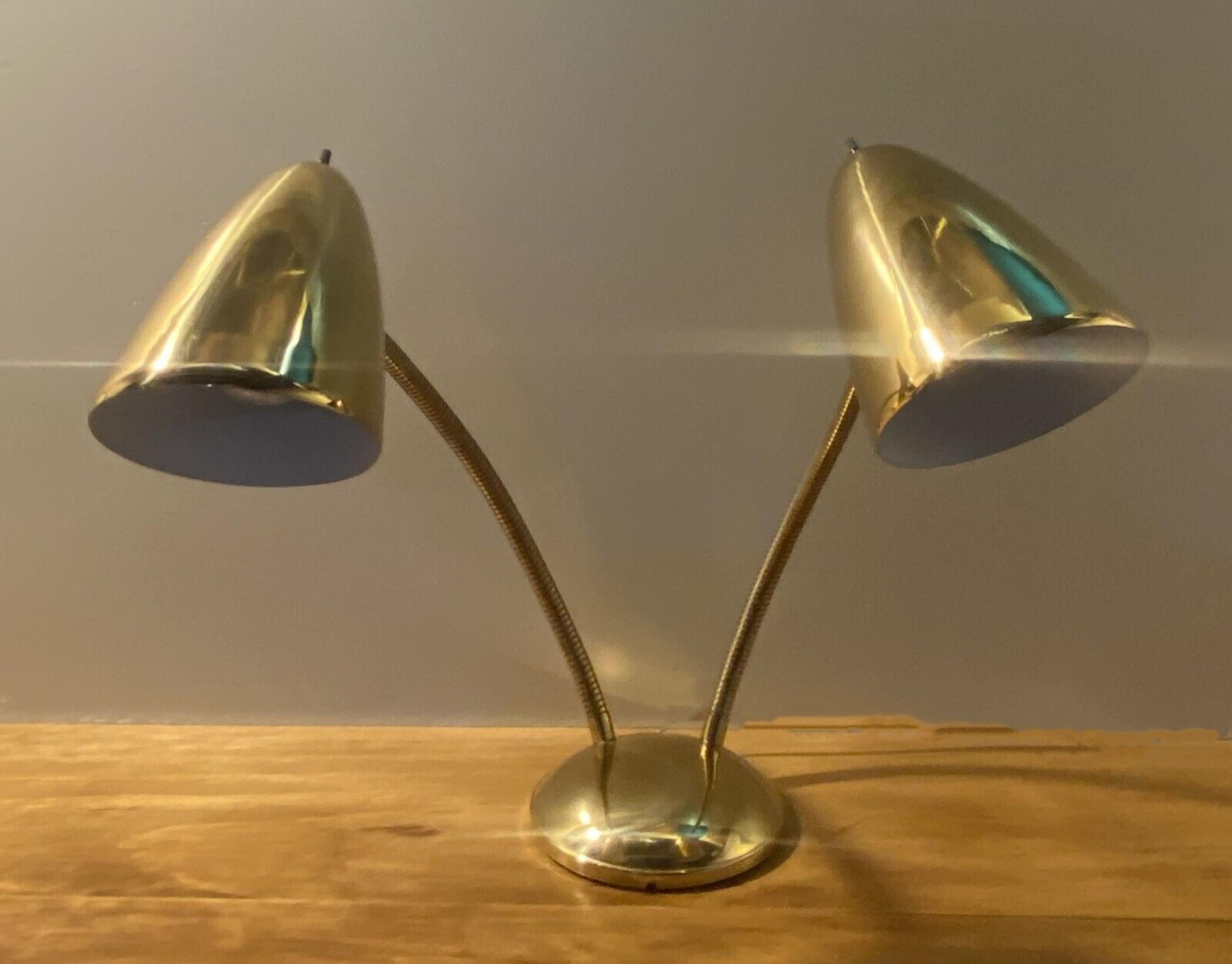 Vintage Mid-Century Atomic Double Gooseneck Gold Chrome Desk Lamp 50s Retro