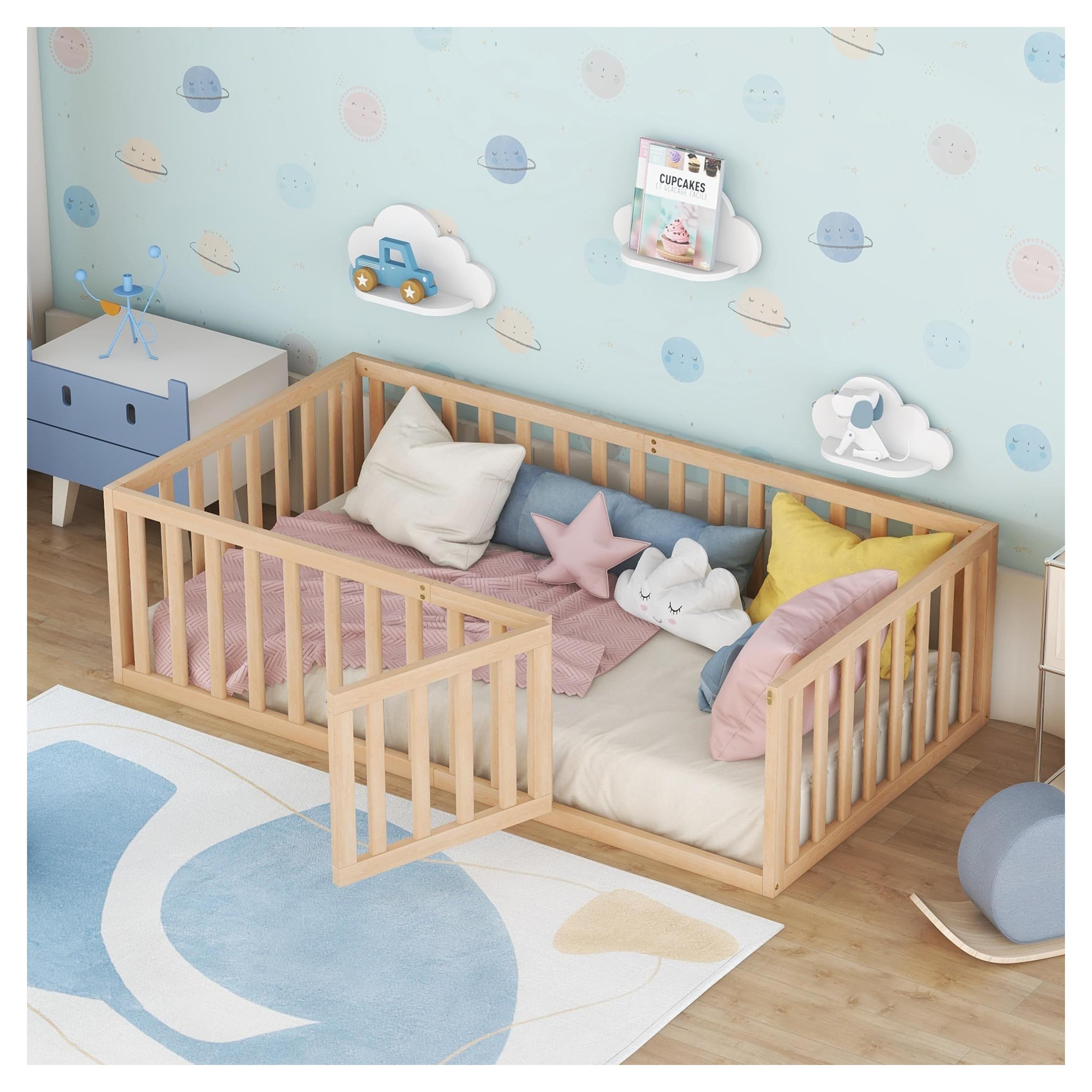 Harper & Bright Designs Twin Size Floor Bed with Safety Rails and Door, Wood Twin Floor Bed Frame for Girls Boys, Montessori Floor Bed Twin for Kids,Natural