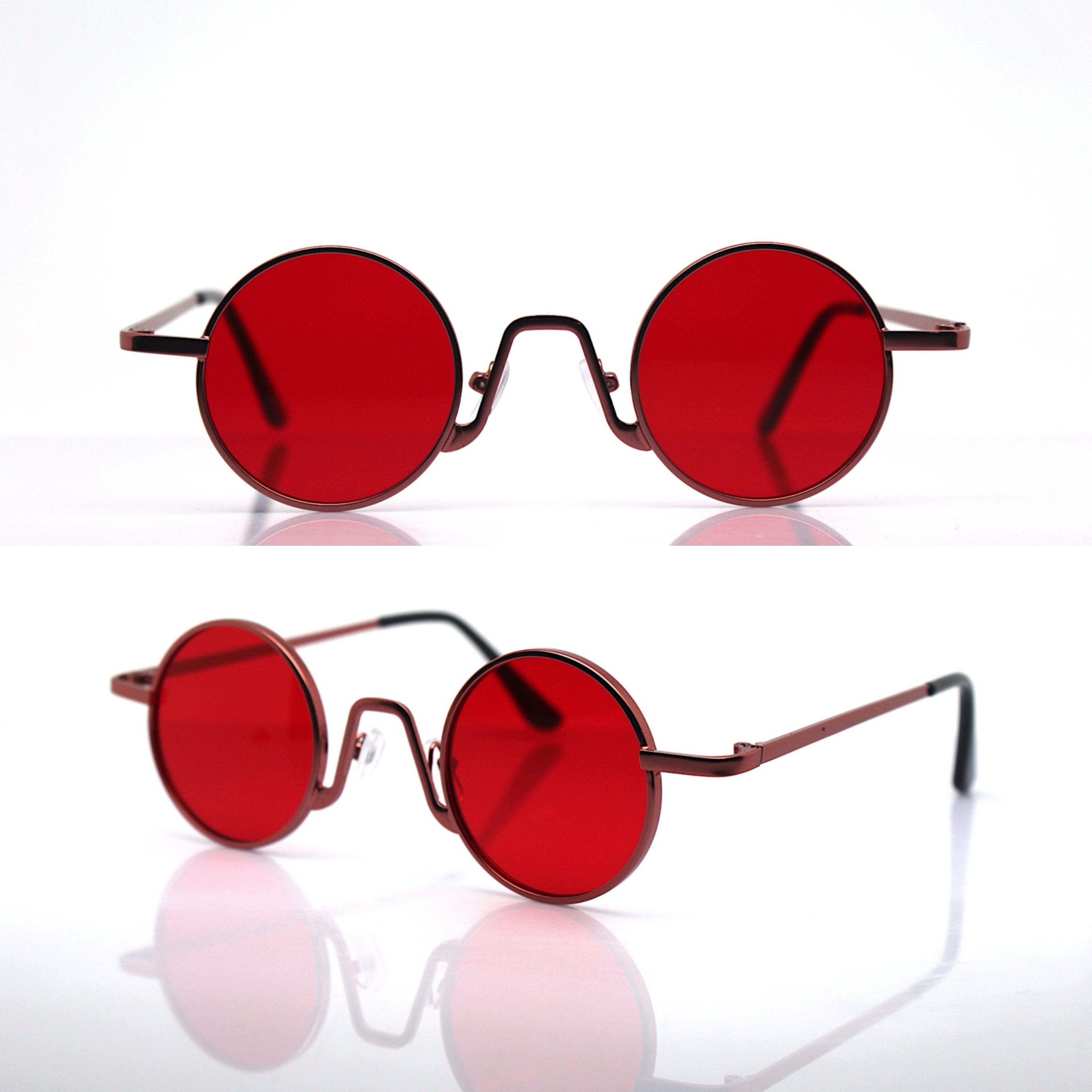 Small Round sunglasses man woman pink red metal frame red lens Steampunk hippie vampire, Occhiali da sole uomo donna rotondo piccolo rosso