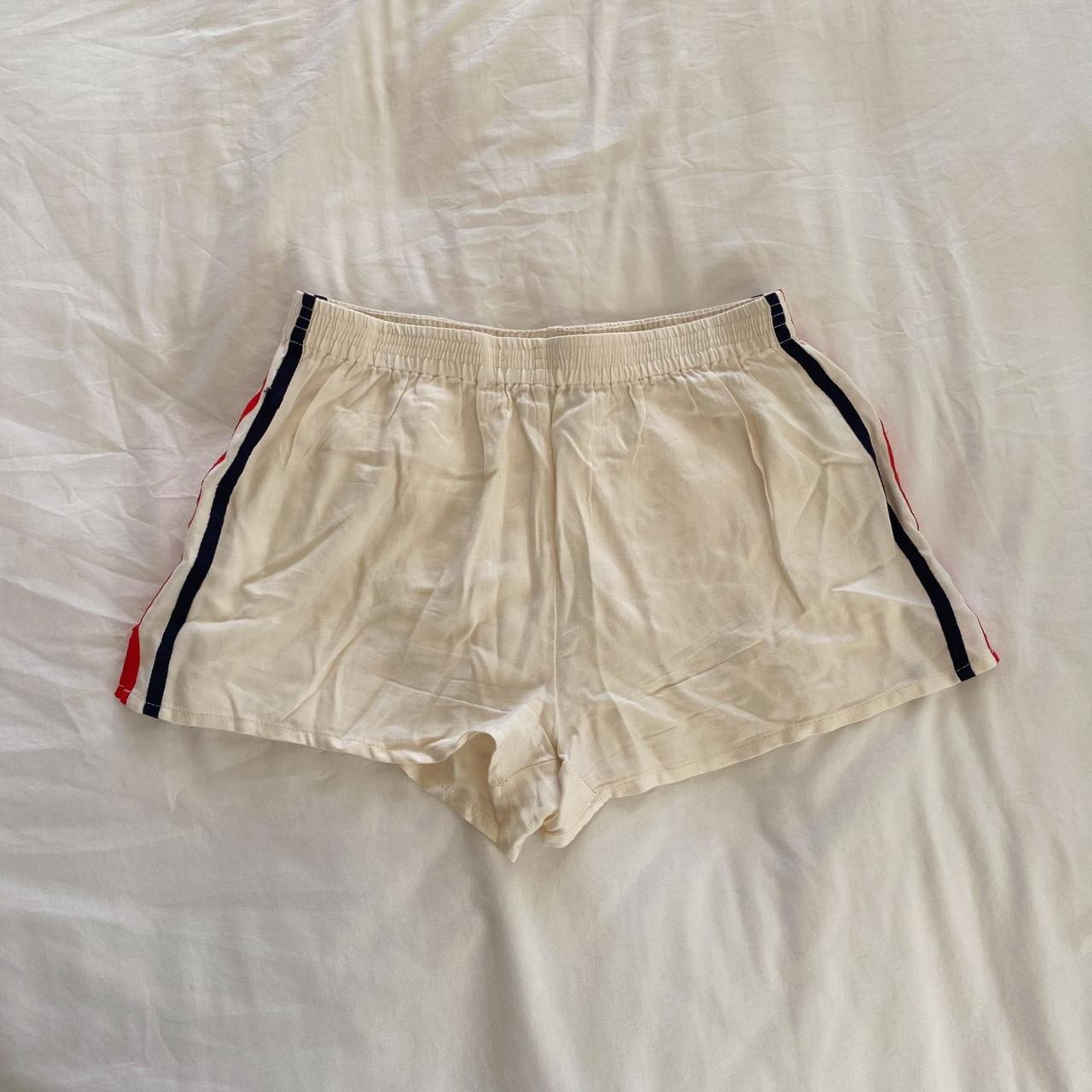 Brandy Melville cream red and blue flowy shorts... - Depop