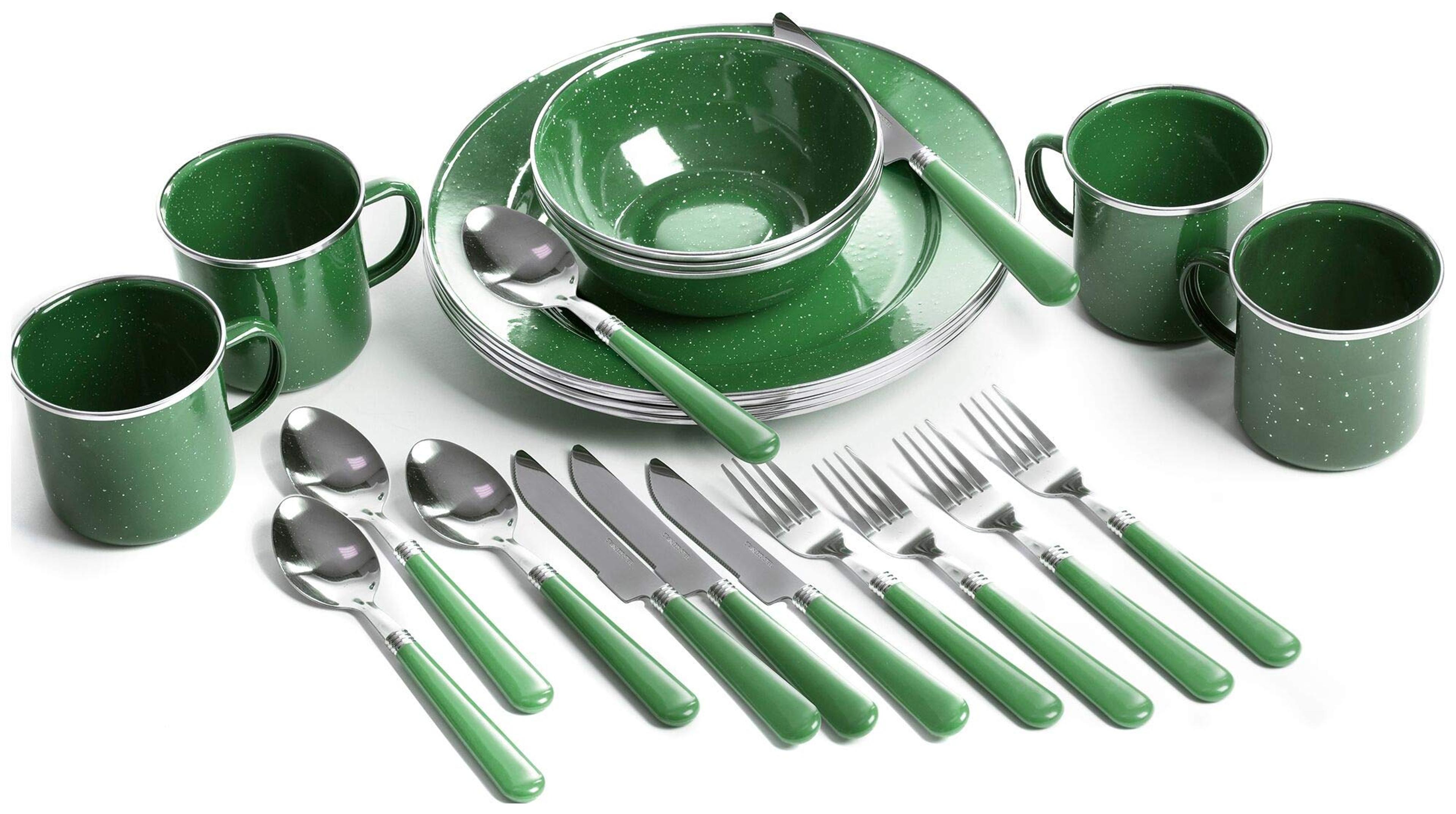 STANSPORT - Deluxe 24-Piece Enamel Tableware Set: Plates, Bowls, Mugs & Utensils (Green)