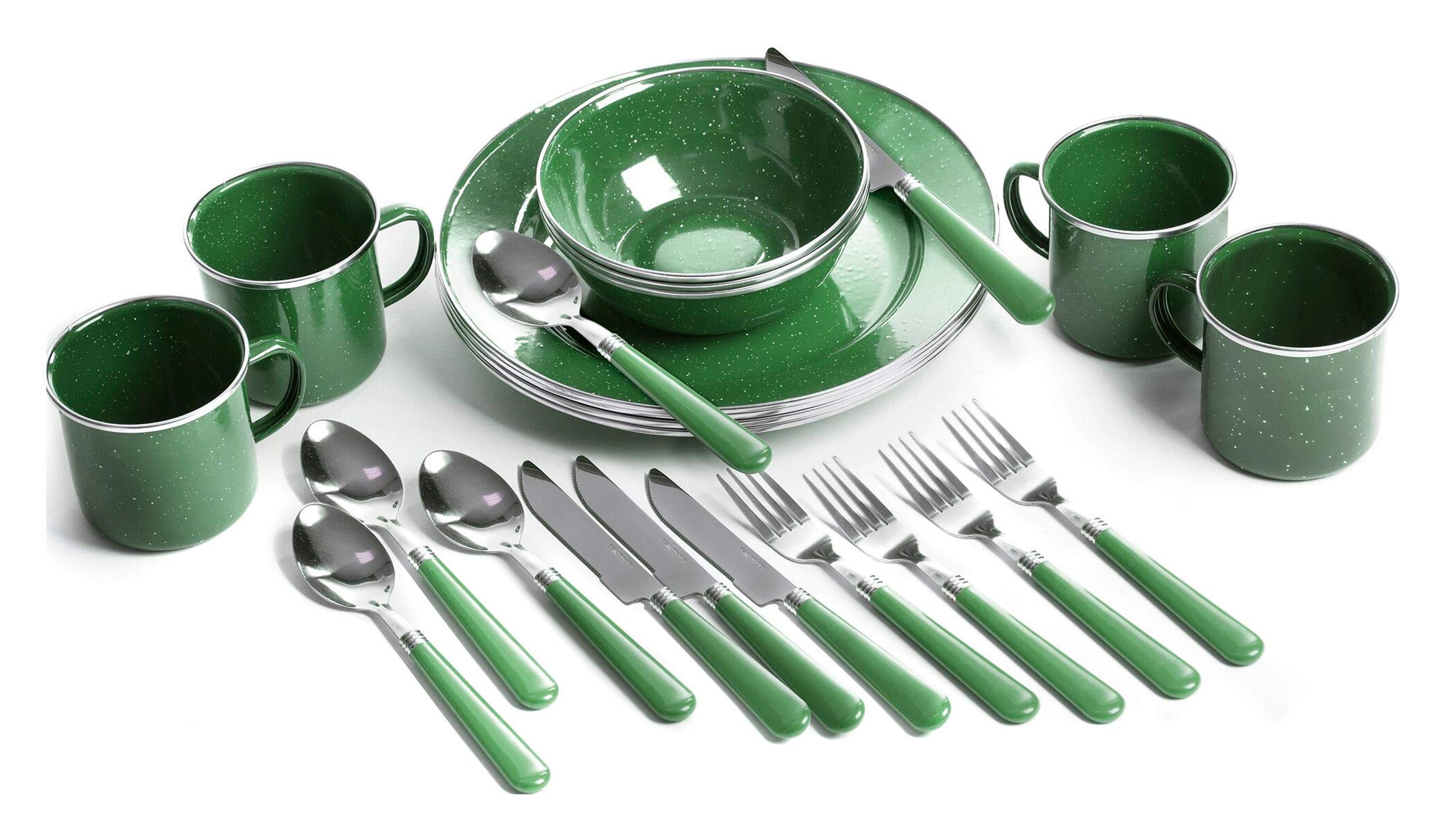 STANSPORT - Deluxe 24-Piece Enamel Tableware Set: Plates, Bowls, Mugs & Utensils (Green)