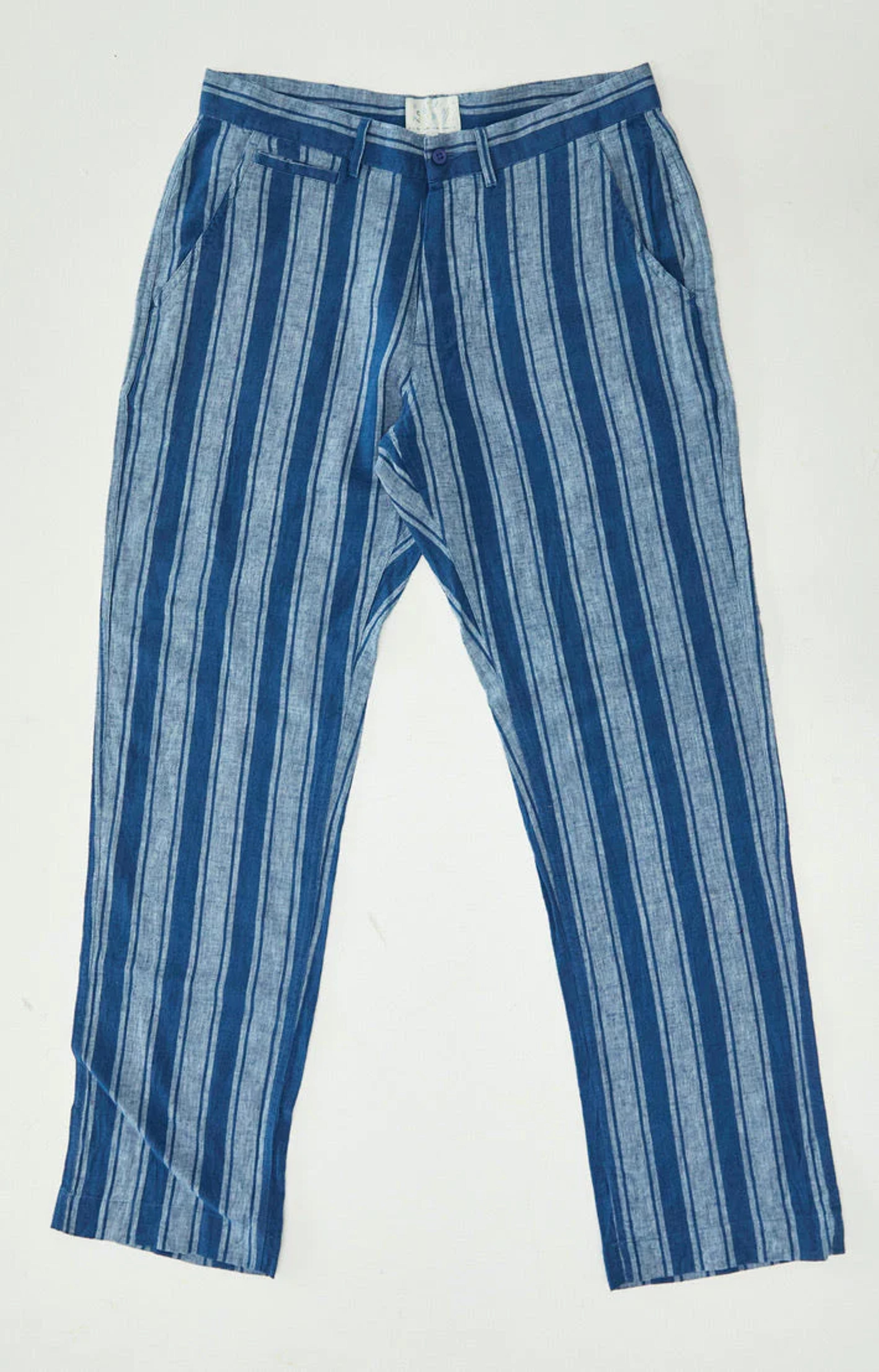 Indigo Cotton/Linen Flat Front Pant - Awning Stripe – Wythe New York