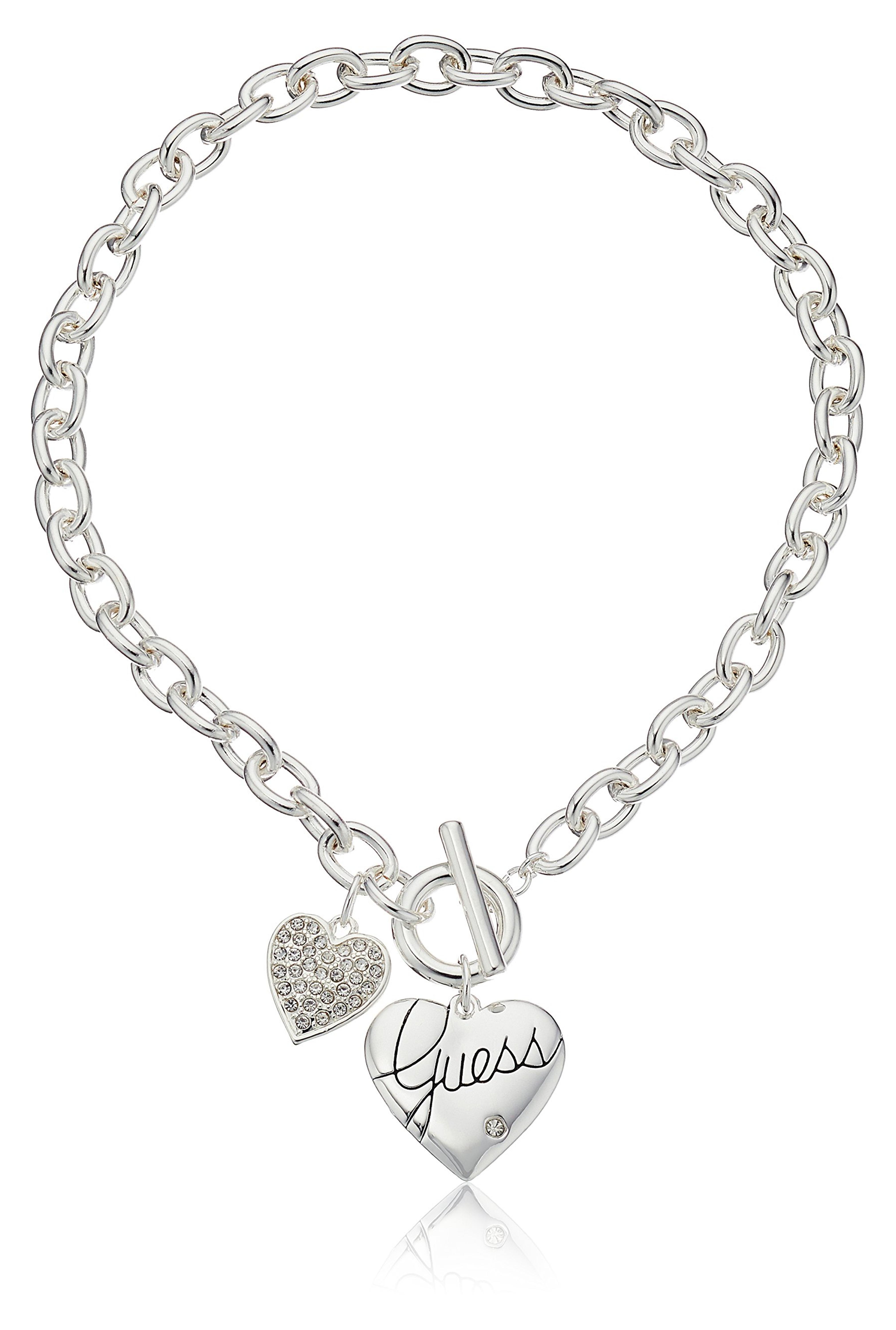 GUESS "Basic Silver Logo Heart and Pave Heart Toggle Pendant Necklace