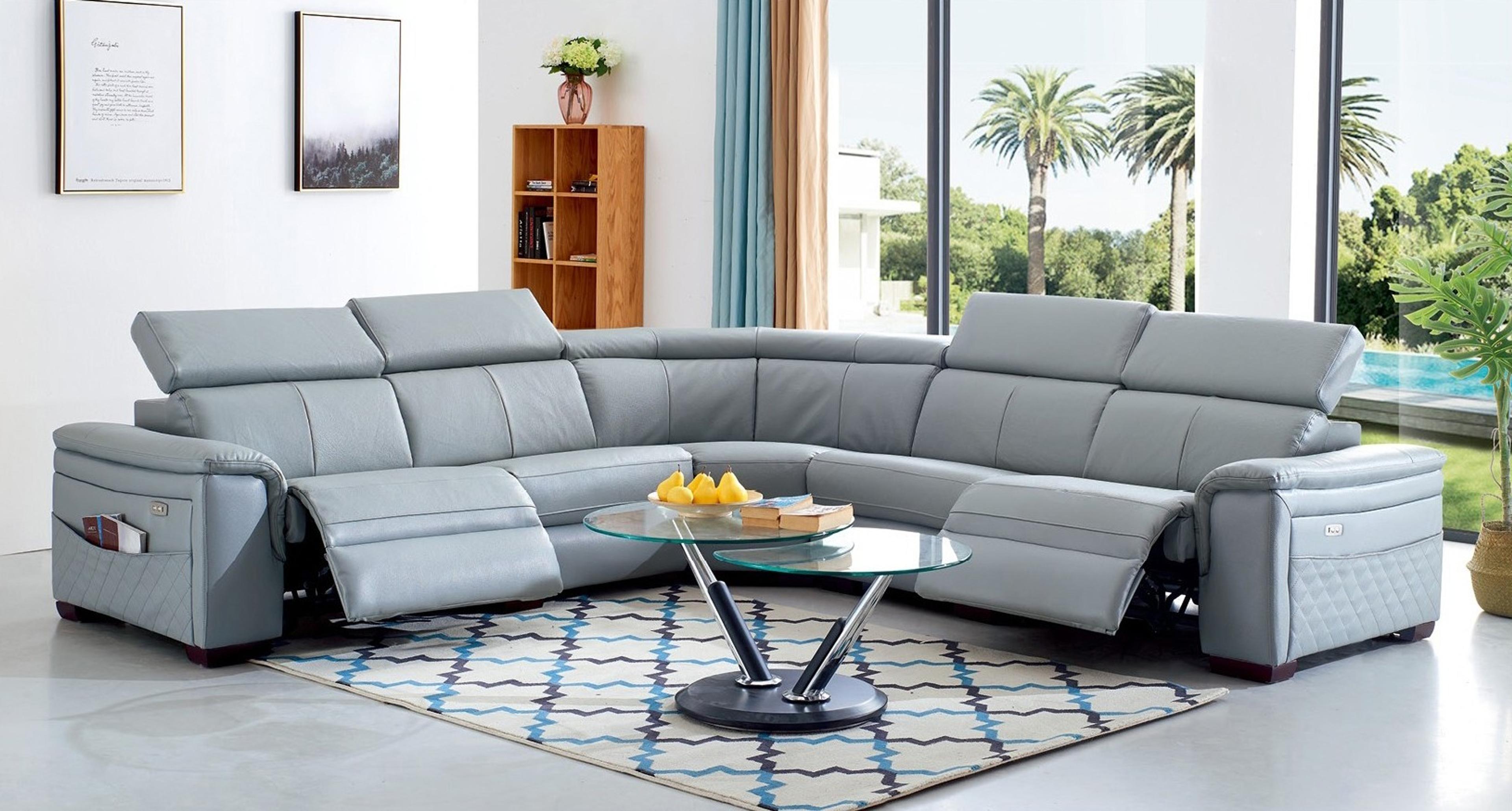 ✅ SF 616 Italian Leather Sectional Sofa w/Adjustable Headrest & Full Power Motion Recliner, Grey by Pantek Furniture | Sohomod.com