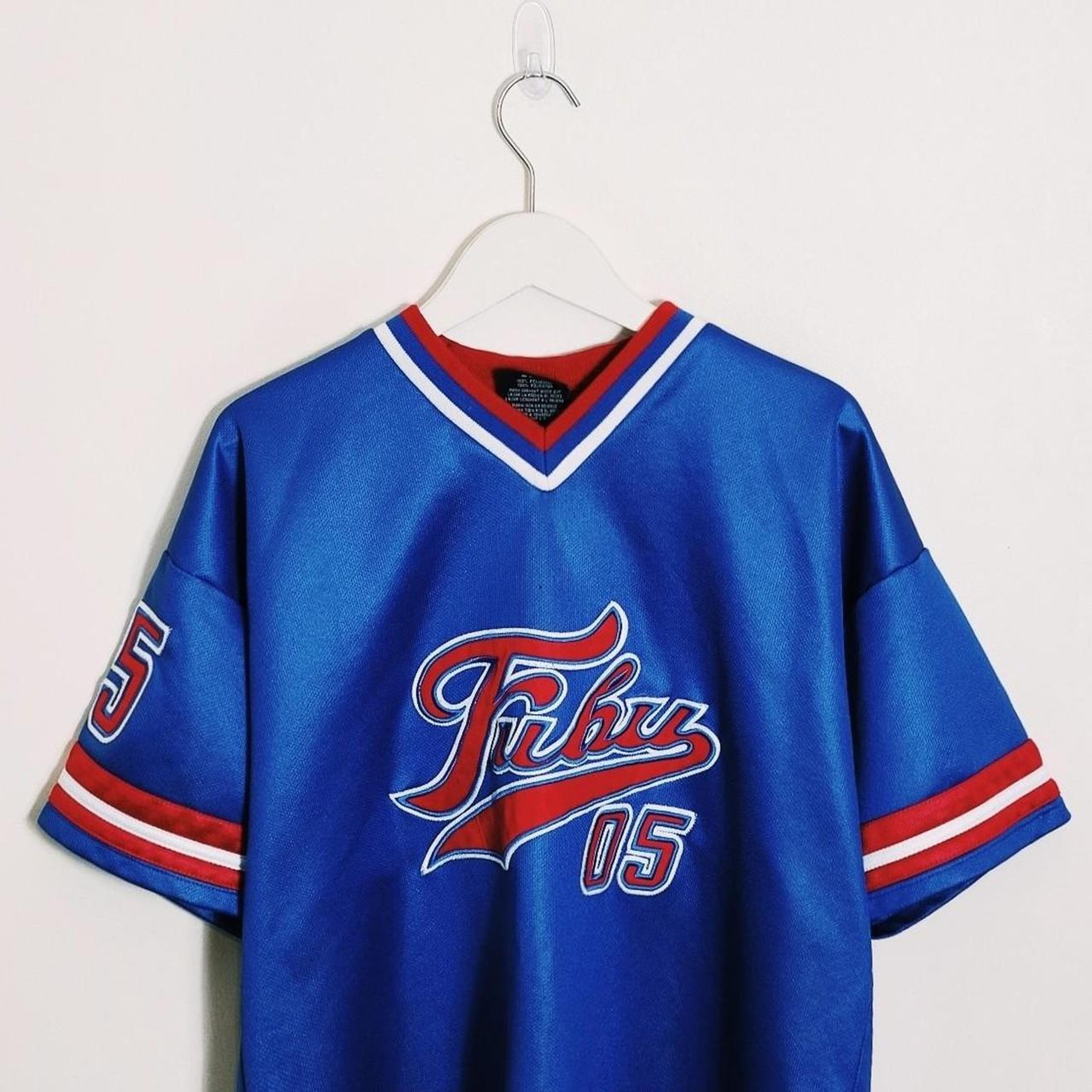 vintage blue, red and white Fubu jersey. Fubu 1992... - Depop