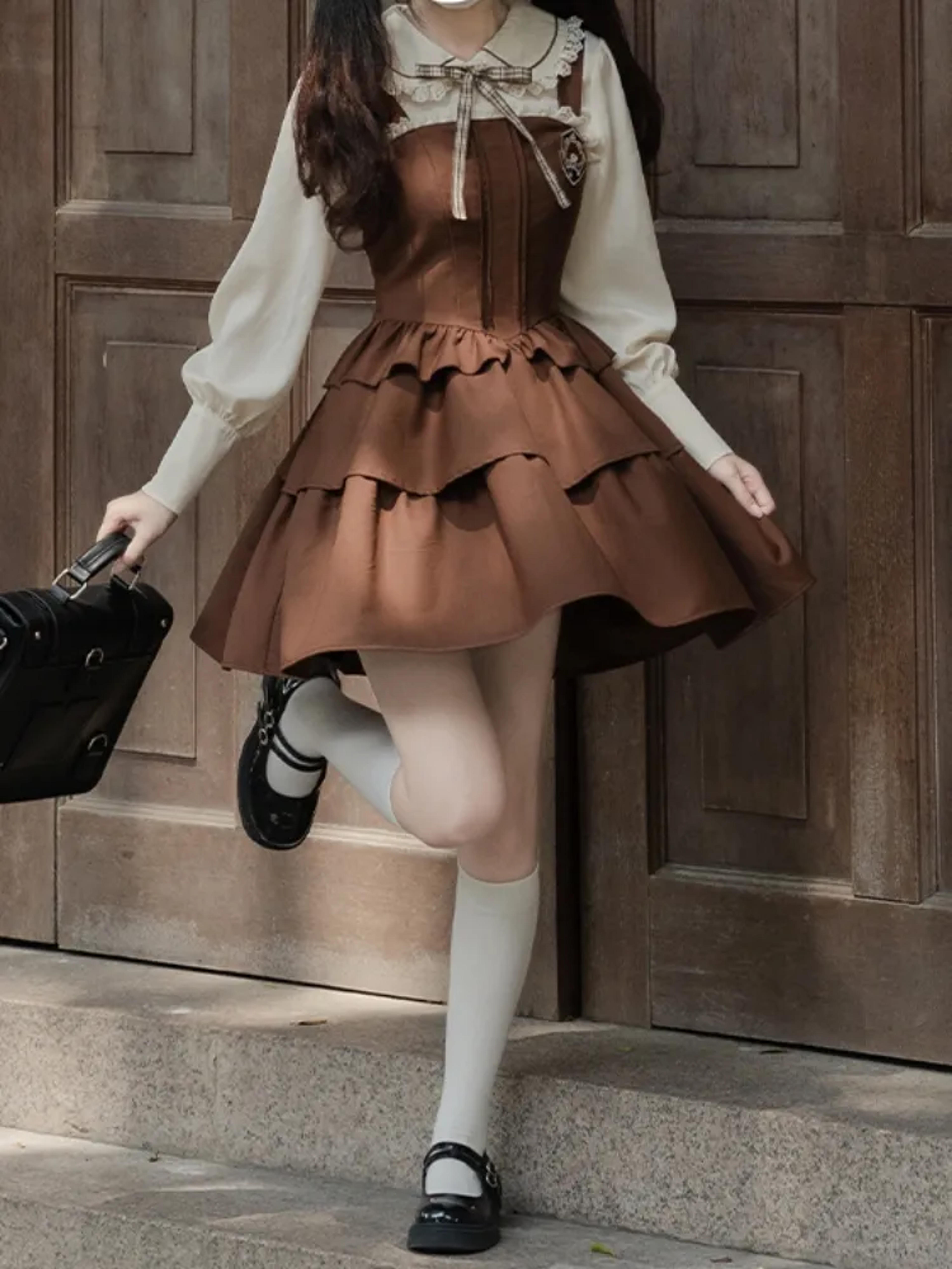 Beige Sweet Shirt / Brown Overall Dress Tiered Skirt Maillard Reaction Outfits