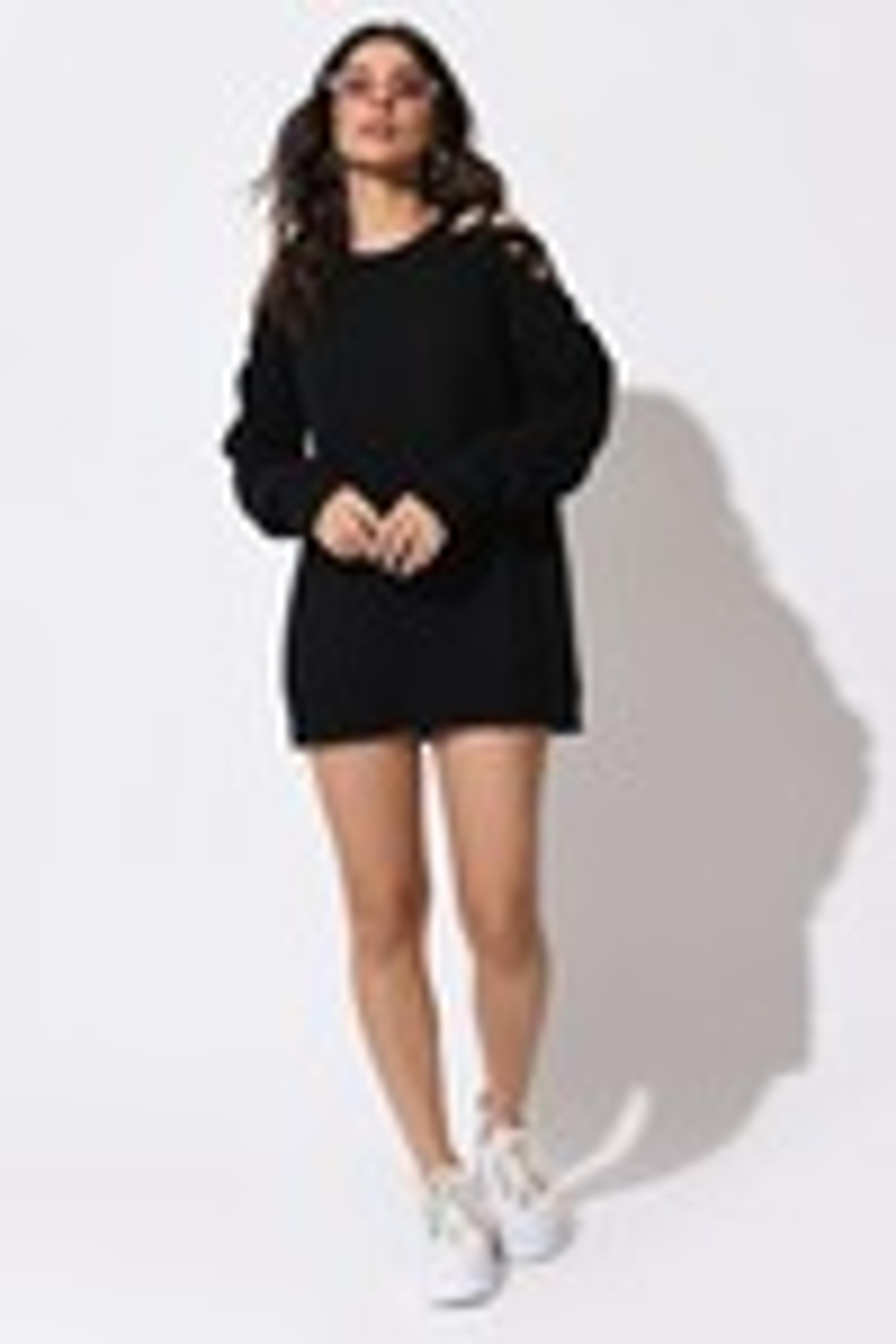 Black Mini Dress - Lace Up Dress W/ Sleeves - Ribbed Sweater Dress