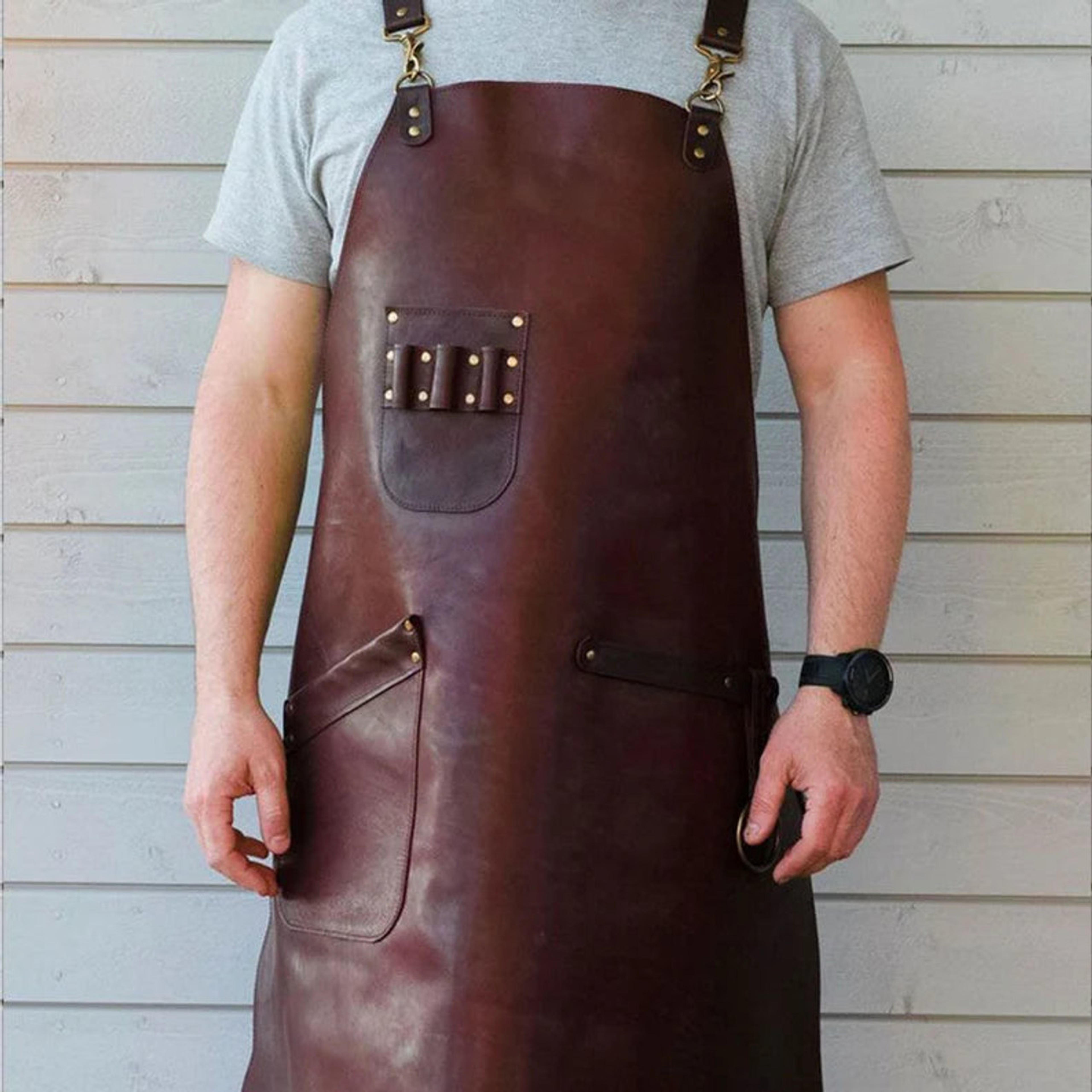 Men's Genuine Leather Apron with Straps & Pockets