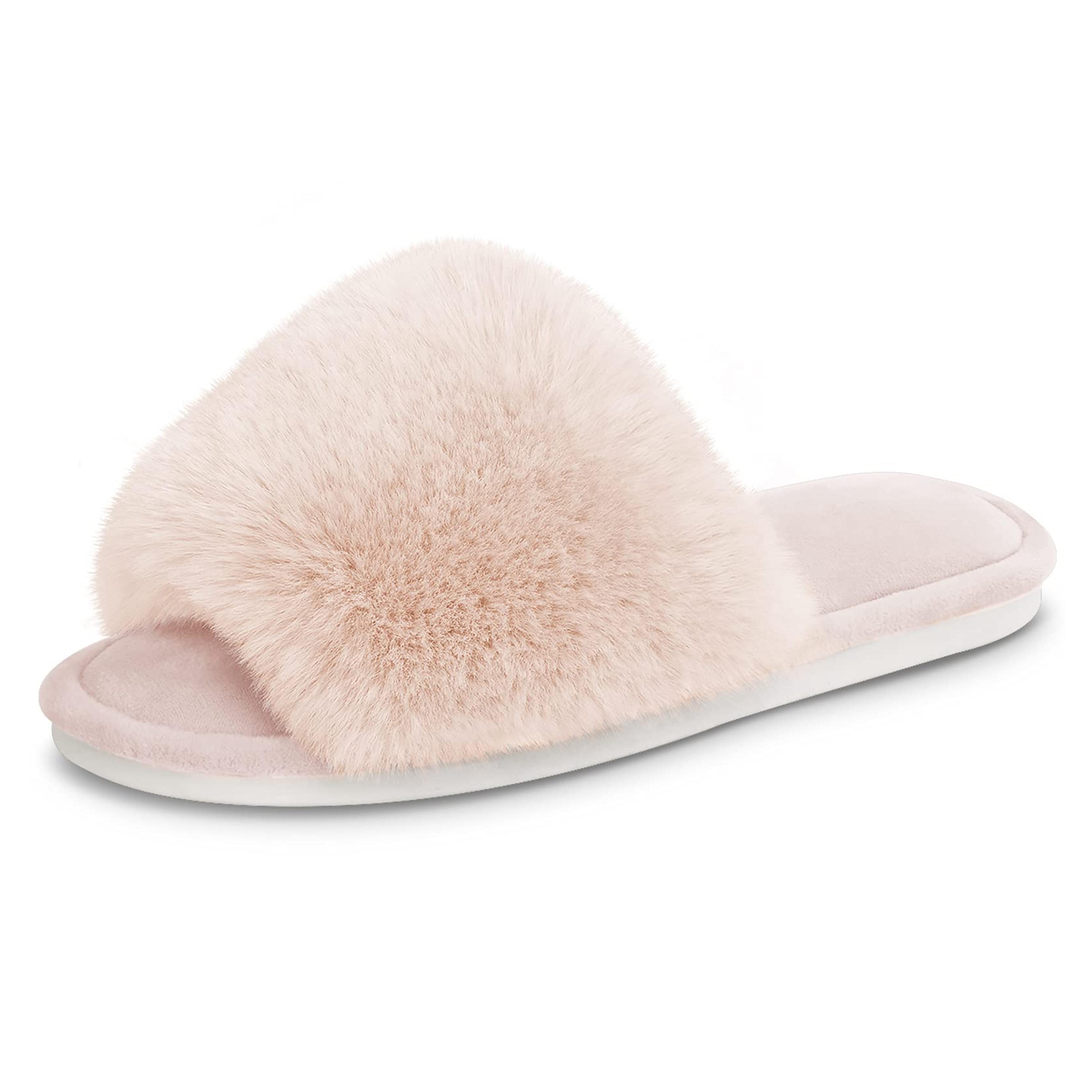 Women's Faux Fur Slippers Fuzzy Flat Spa Fluffy Open Toe House Shoes Indoor Outdoor Slip on Memory Foam Slide Sandals Beige 7-8