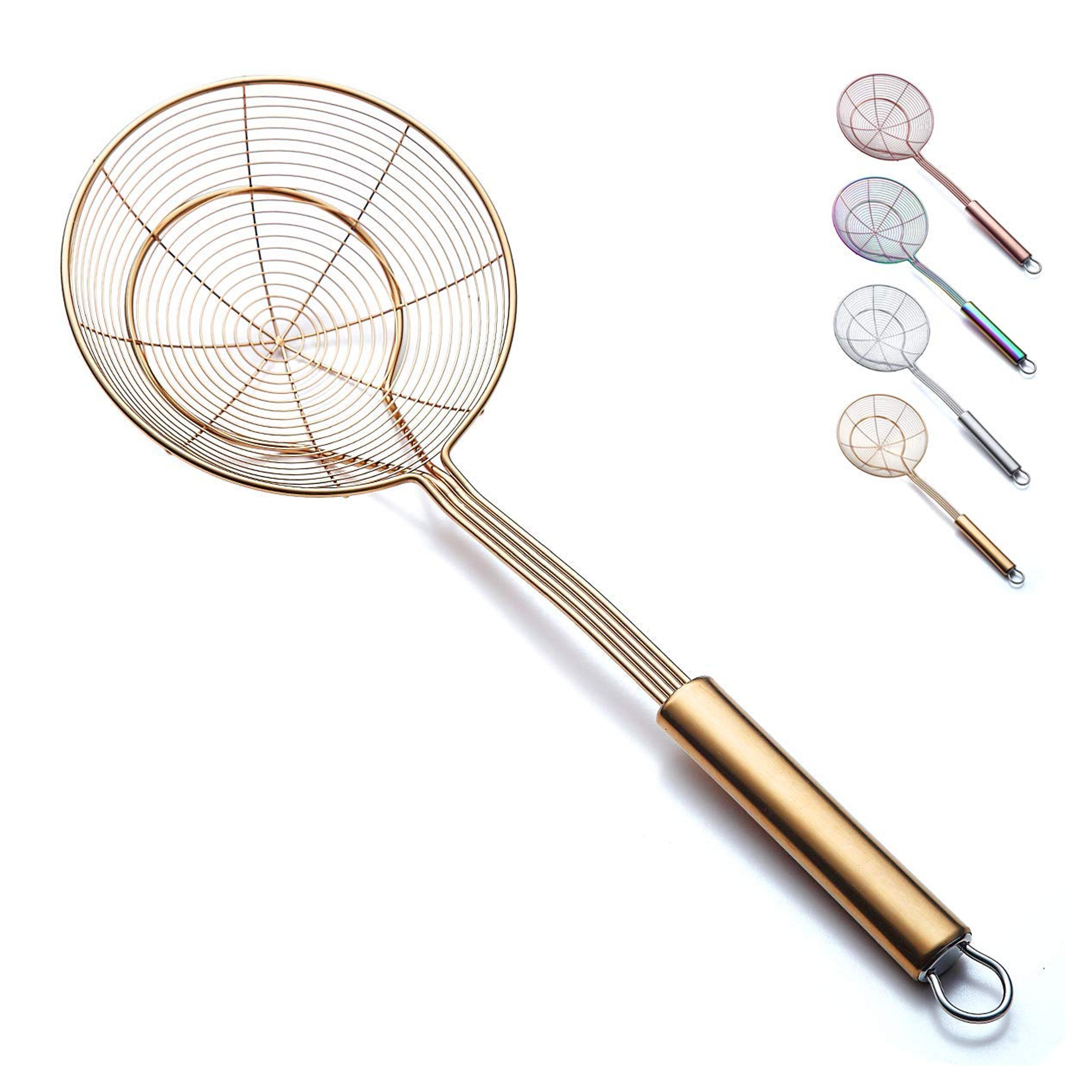 Gold Strainer Spider Skimmers For Kitchen,Kyraton Stainless Steel Titanium Gold Plating Slotted Spoon Pasta Strainers Tomato Food Strainer Skimmer Ladle For Kitchen Cooking and Frying Food