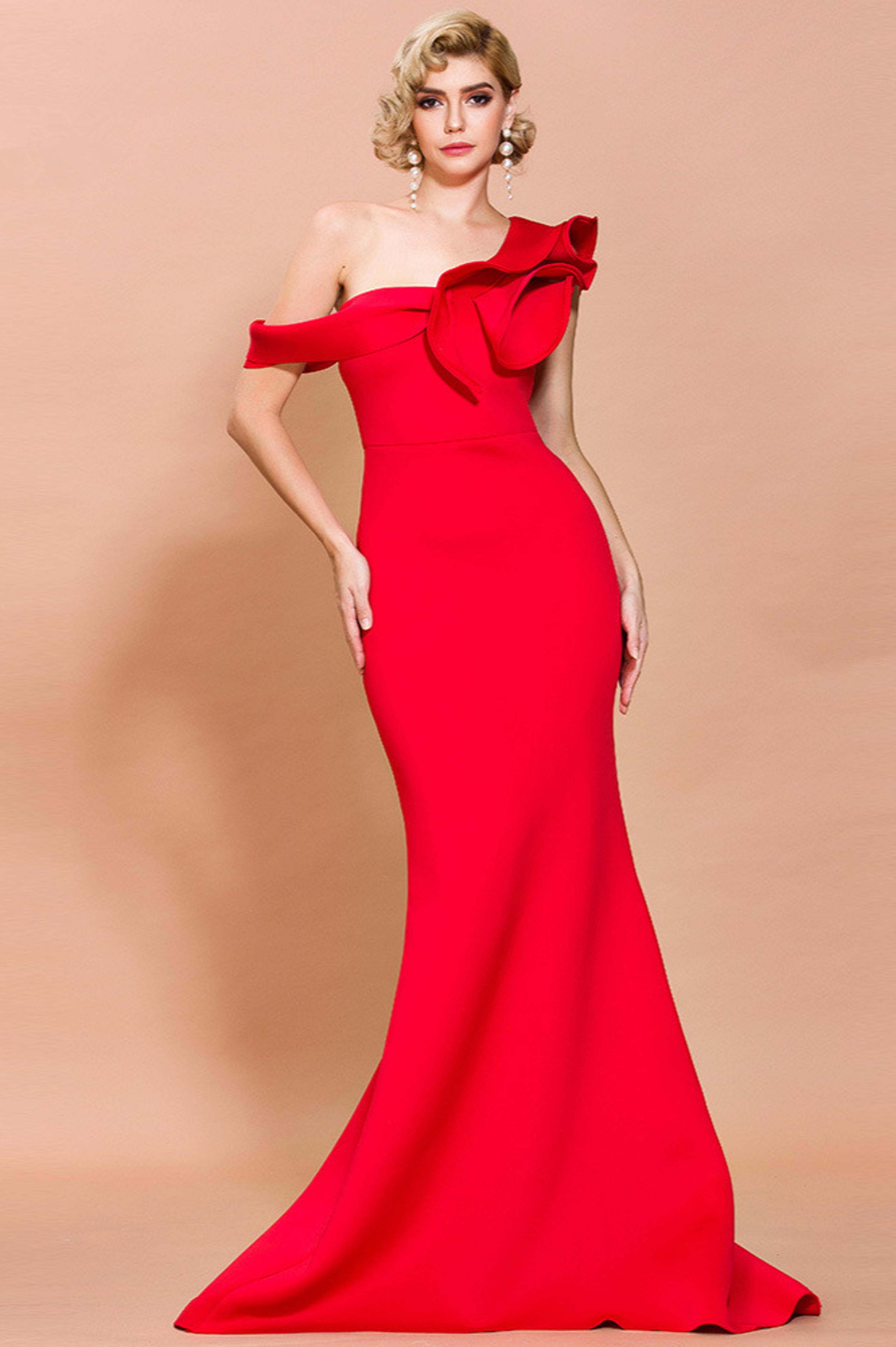 Sexy Red Off-the-Shoulder Mermaid Prom Dress With Ruffles