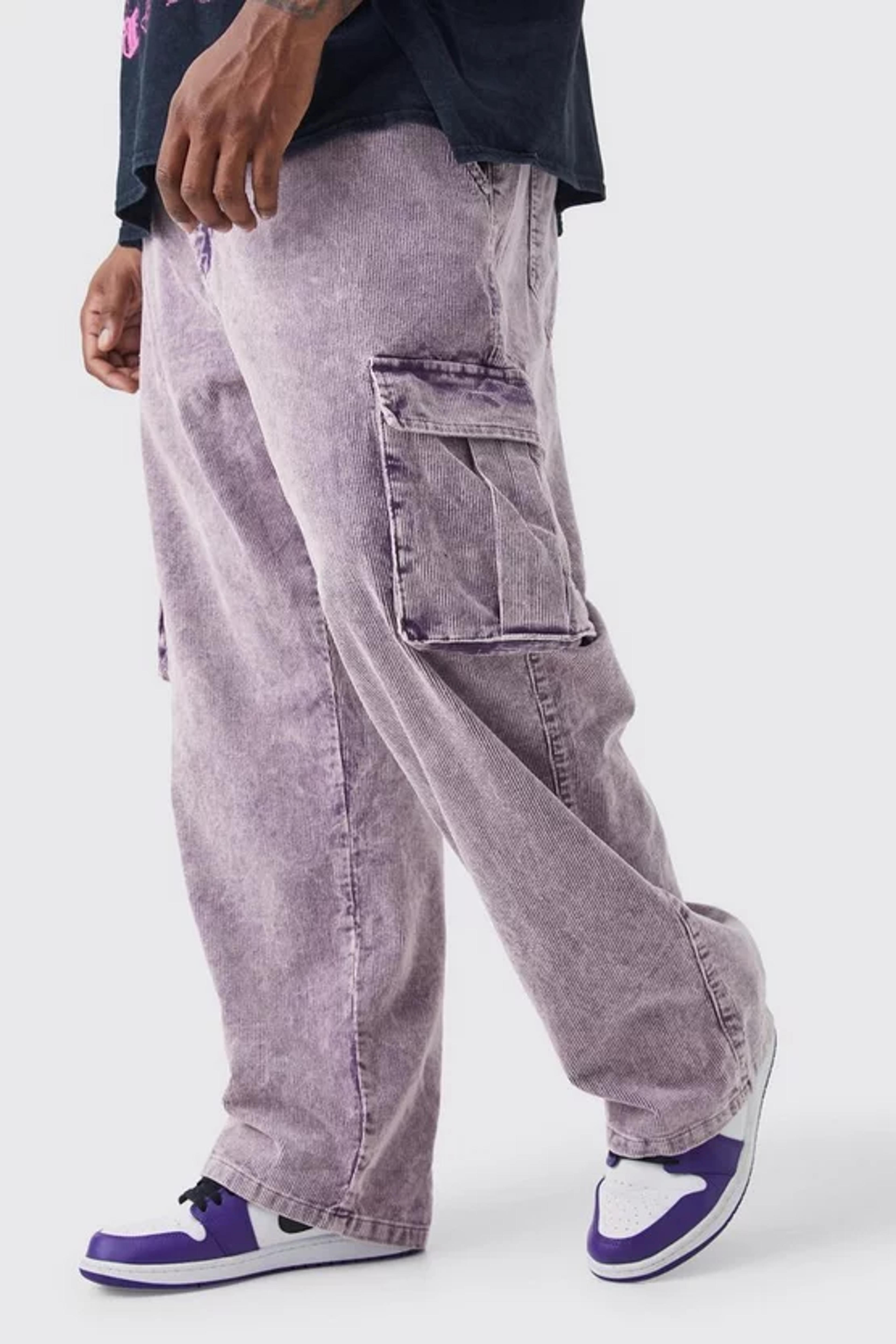 Plus Relaxed Acid Wash Cord Cargo Pants | boohooMAN USA