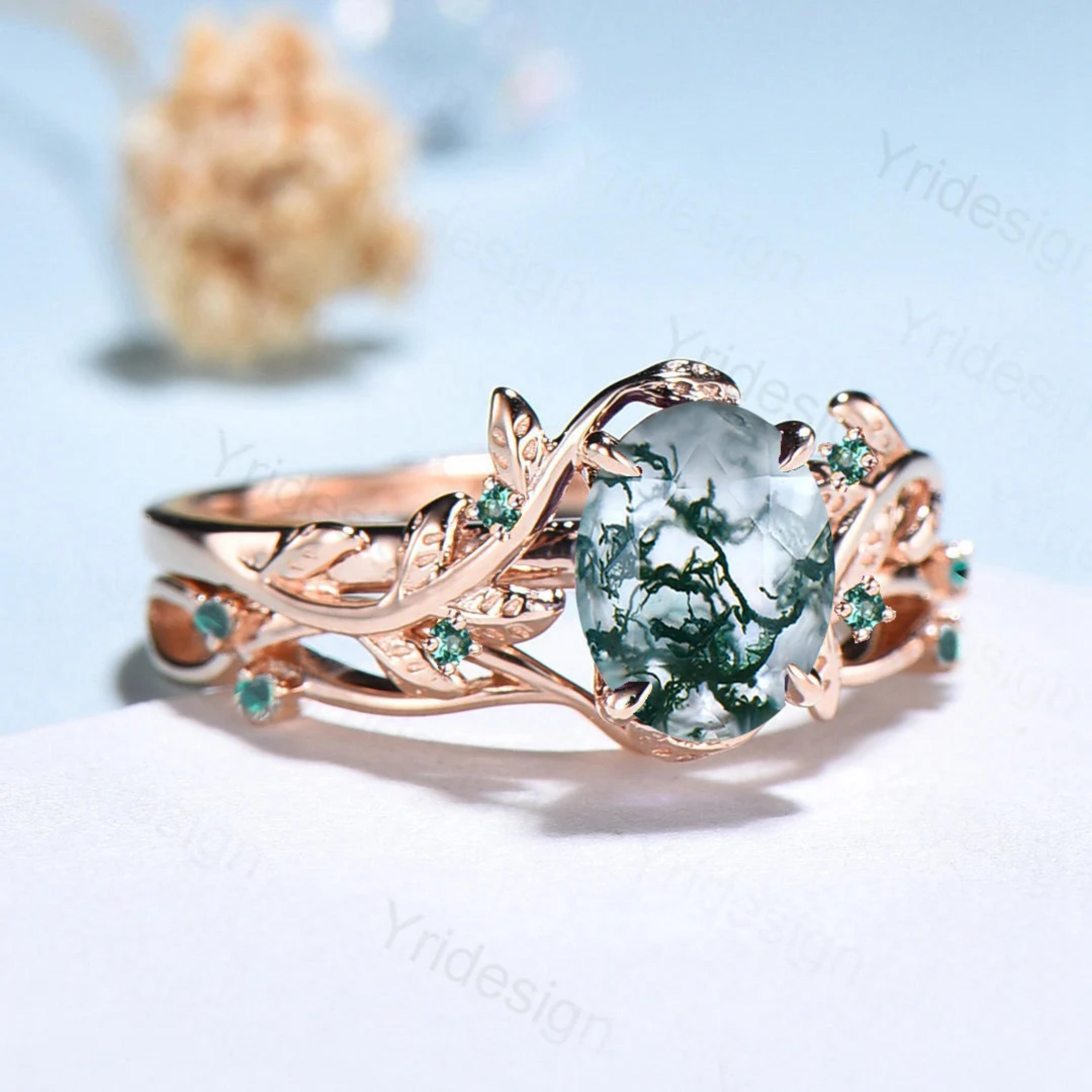 Nature Inspired Moss Agate Ring Set Cluster Emerald Aquatic - Etsy