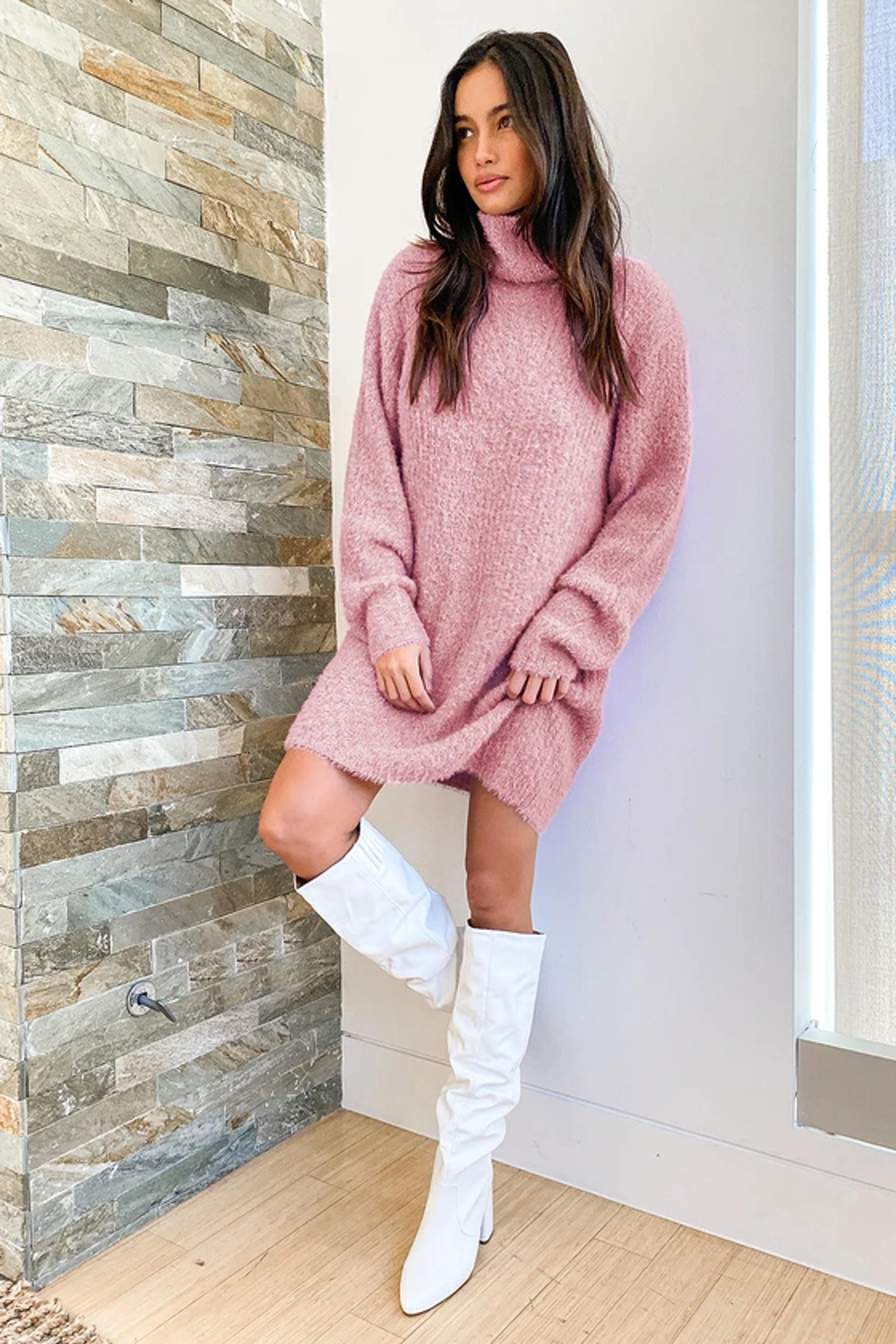 Eyelash Knit Sweater Dress - Turtleneck Dress- Mauve Multi Dress - Lulus