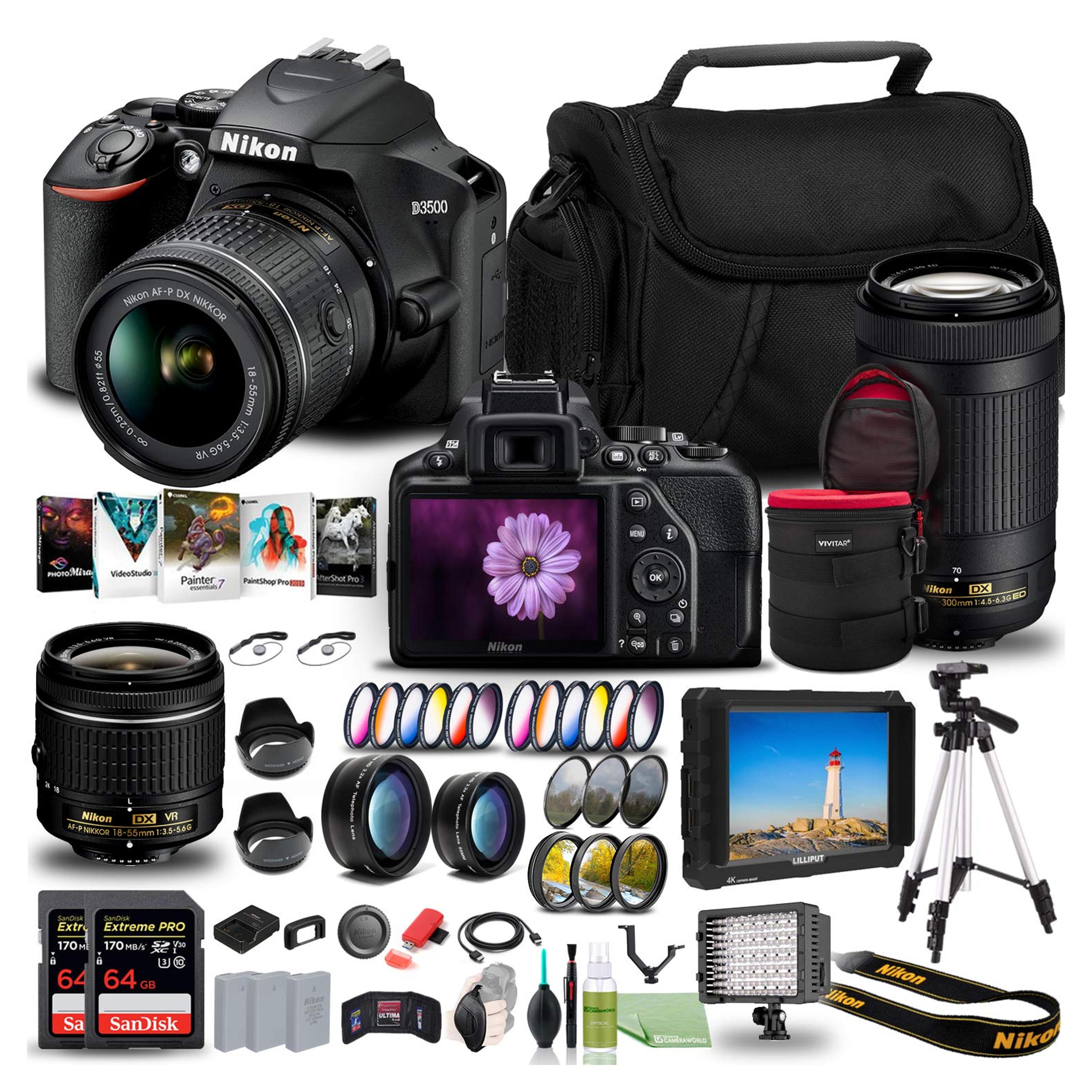 Nikon D3500 DSLR Camera with 18-55mm and 70-300mm Lenses (1588) USA Model + 4K Monitor + 2 x 64GB Extreme Pro Card + 2 x EN-EL14a Battery + Corel Software + Tripod + Case + 3 Piece Filter Kit + More